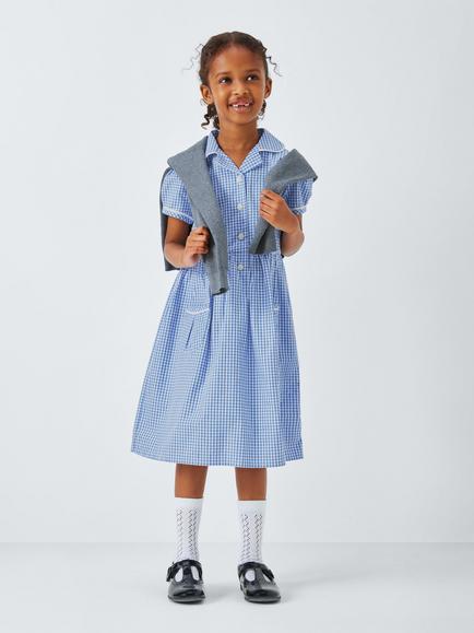 John Lewis Girls' Gingham Cotton School Summer Dress - view 2, Blue