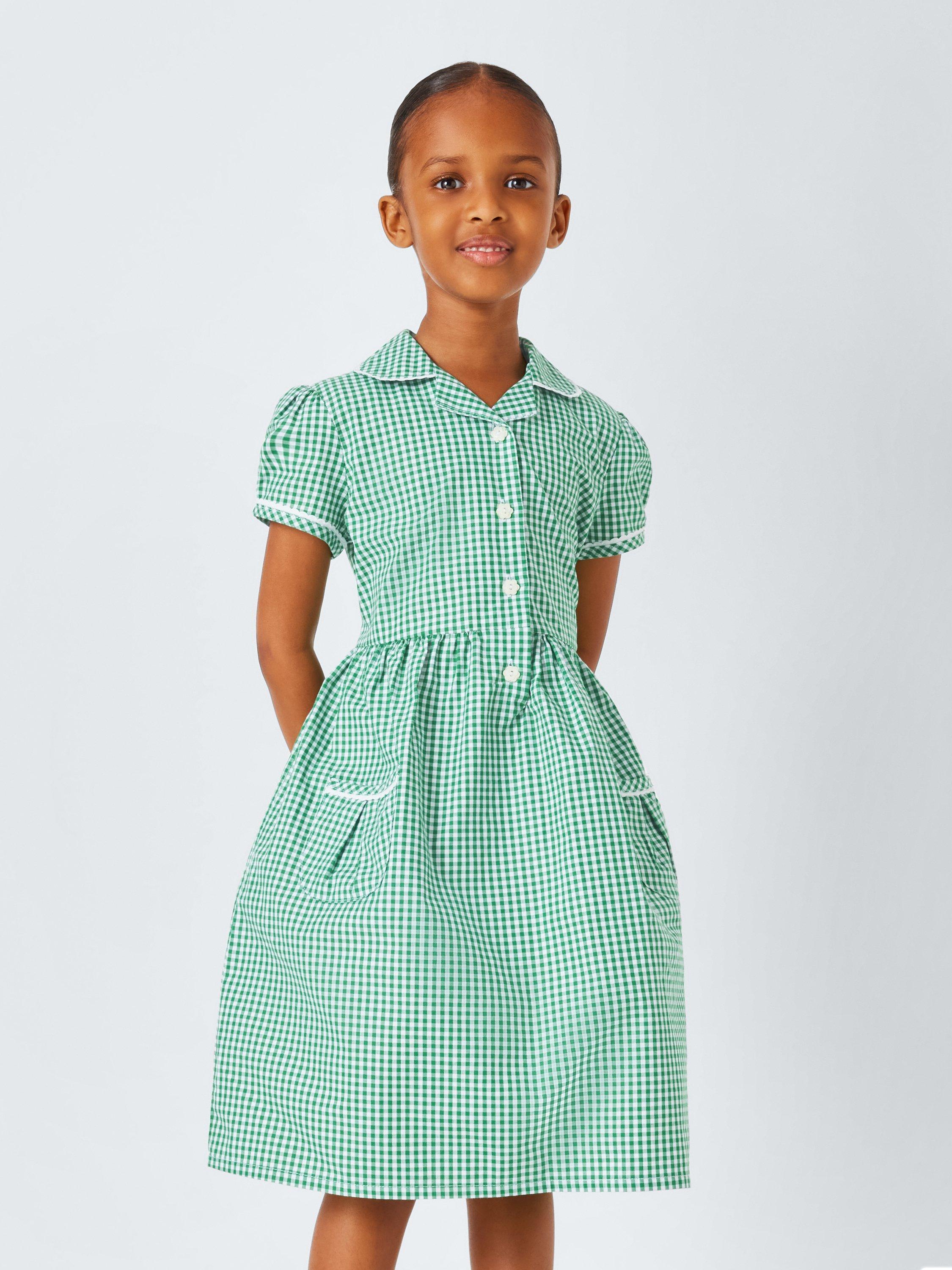 Product image 1 of 7, which shows John Lewis Girls' Gingham Cotton School Summer Dress, Green, 3 years