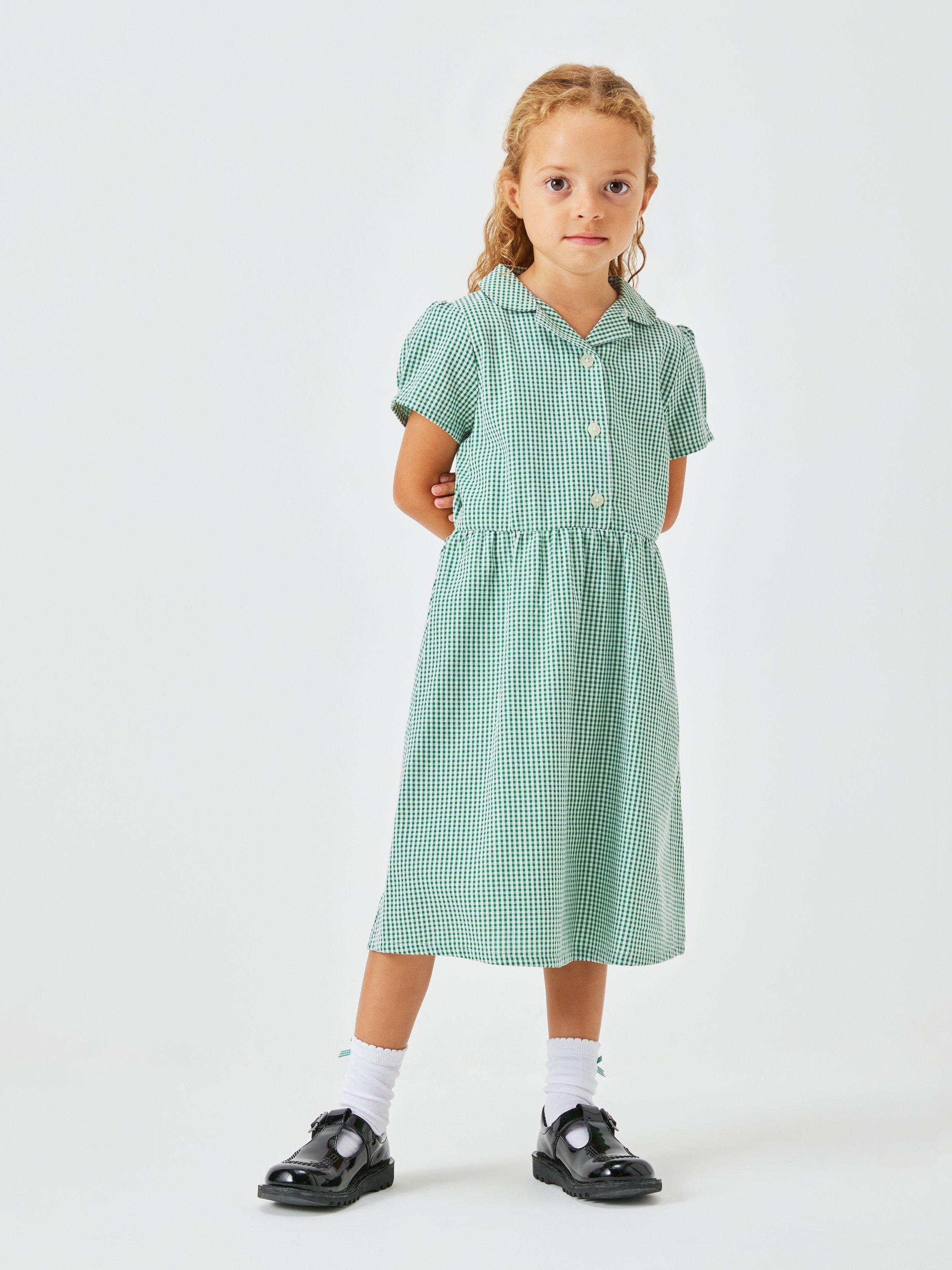 Product image 1 of 7, which shows John Lewis ANYDAY Kids' Gingham School Summer Dress, Pack of 2, Green, 3 years