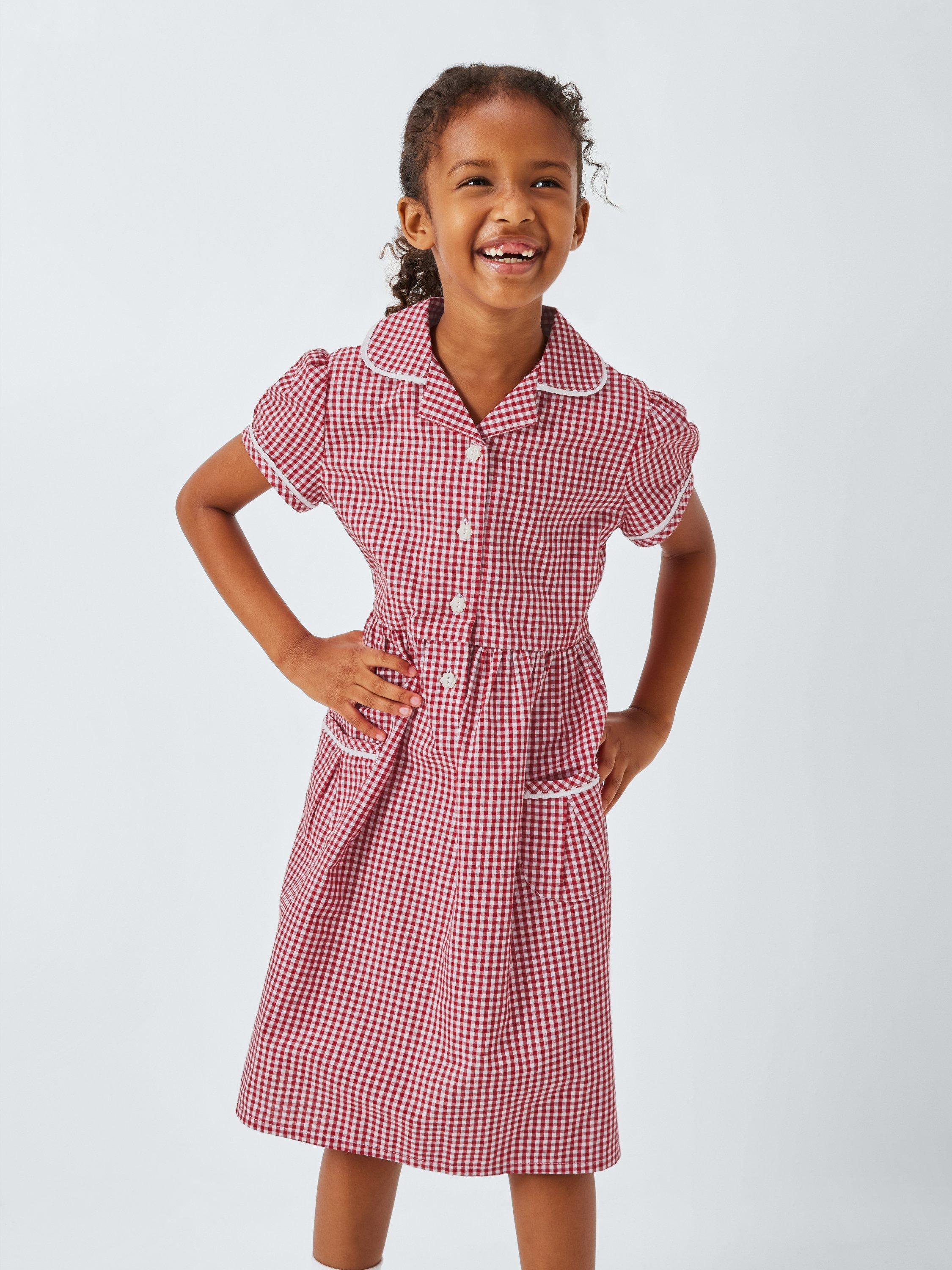 Product image 1 of 7, which shows John Lewis Kids' Gingham Cotton School Dress, Red, 3 years