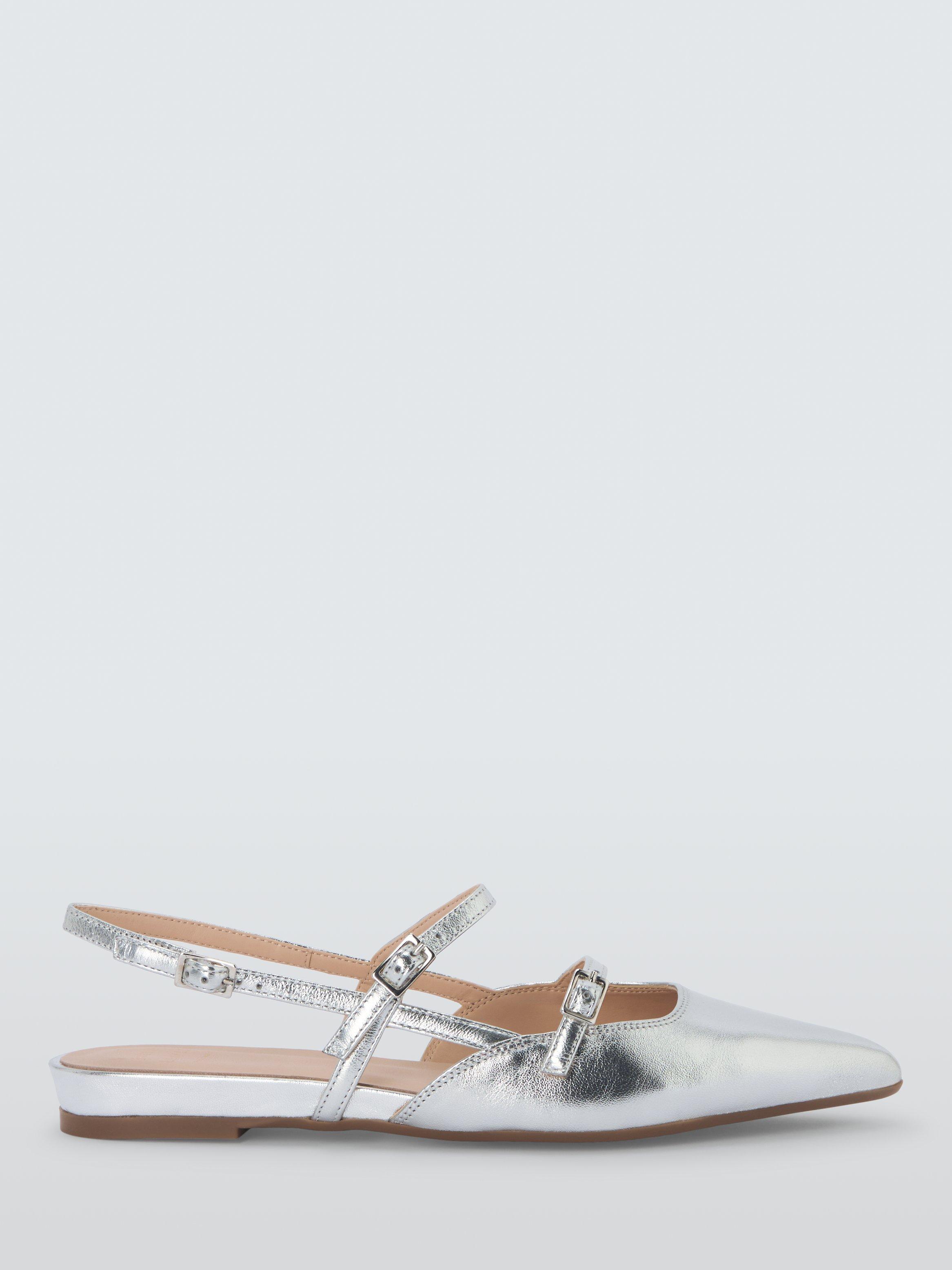 Product image 1 of 6, which shows John Lewis Crown Leather Strappy Slingback Pumps, Silver, 3