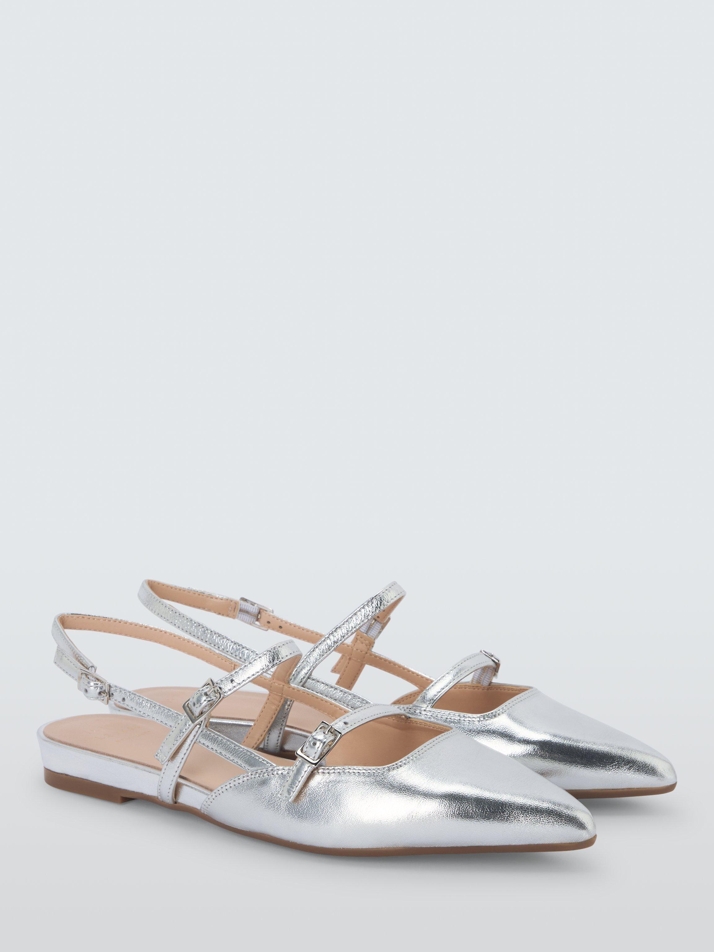 Product image 3 of 6, which shows John Lewis Crown Leather Strappy Slingback Pumps, Silver, 3
