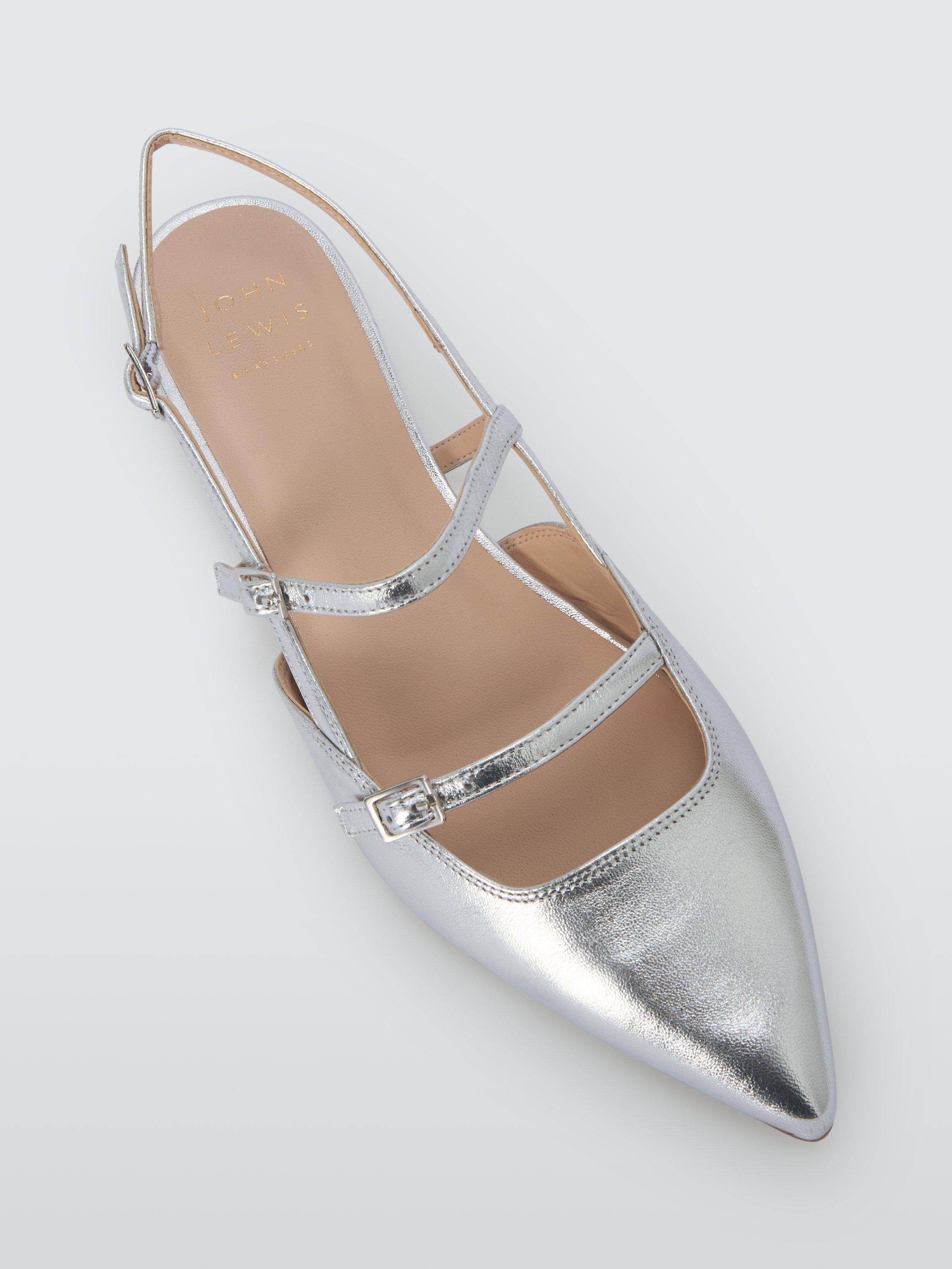 Product image 5 of 6, which shows John Lewis Crown Leather Strappy Slingback Pumps, Silver, 3