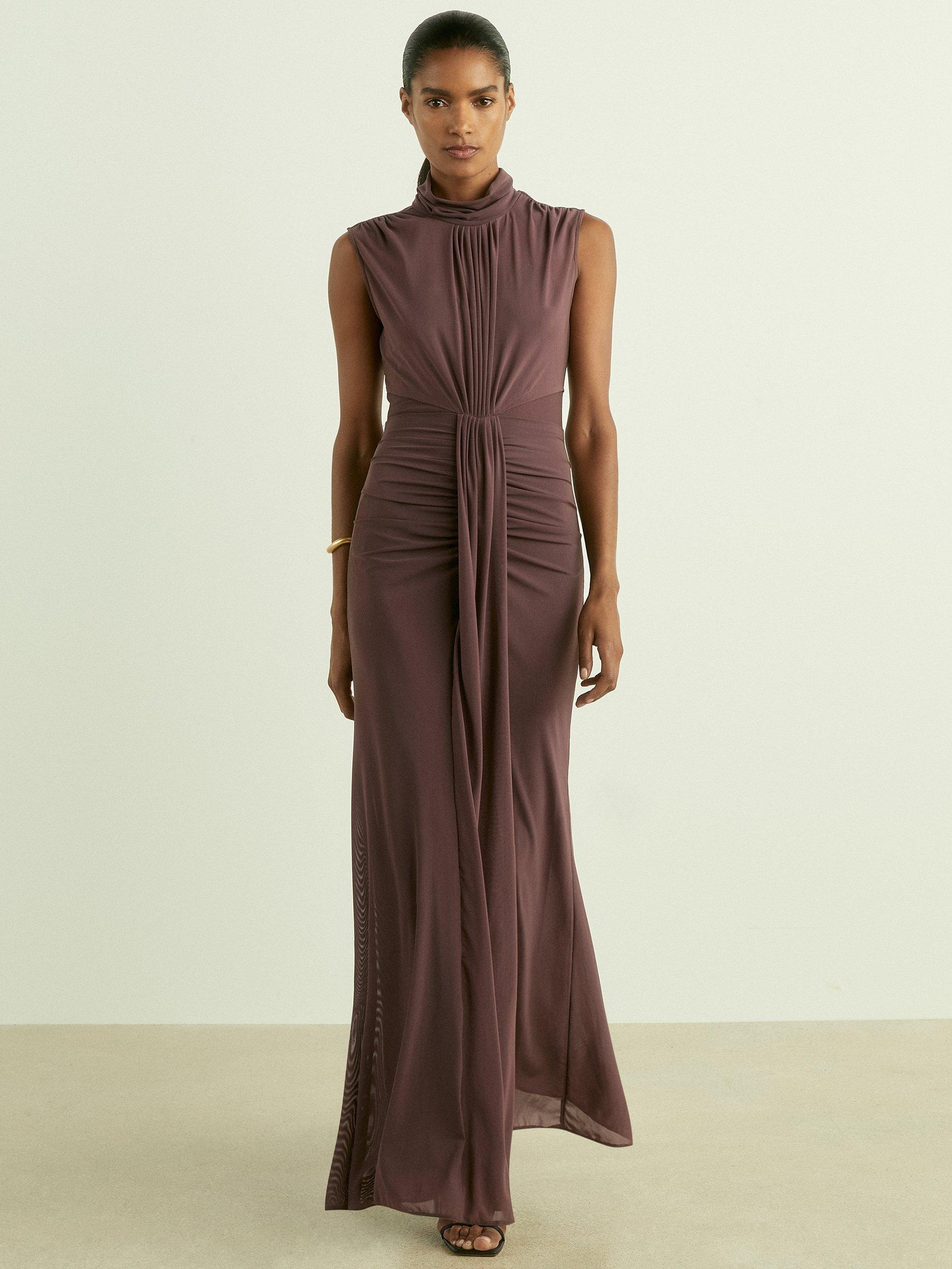 Product image 1 of 5, which shows Reiss Petite Daniella Ruched Maxi Dress, Taupe, 6Pt