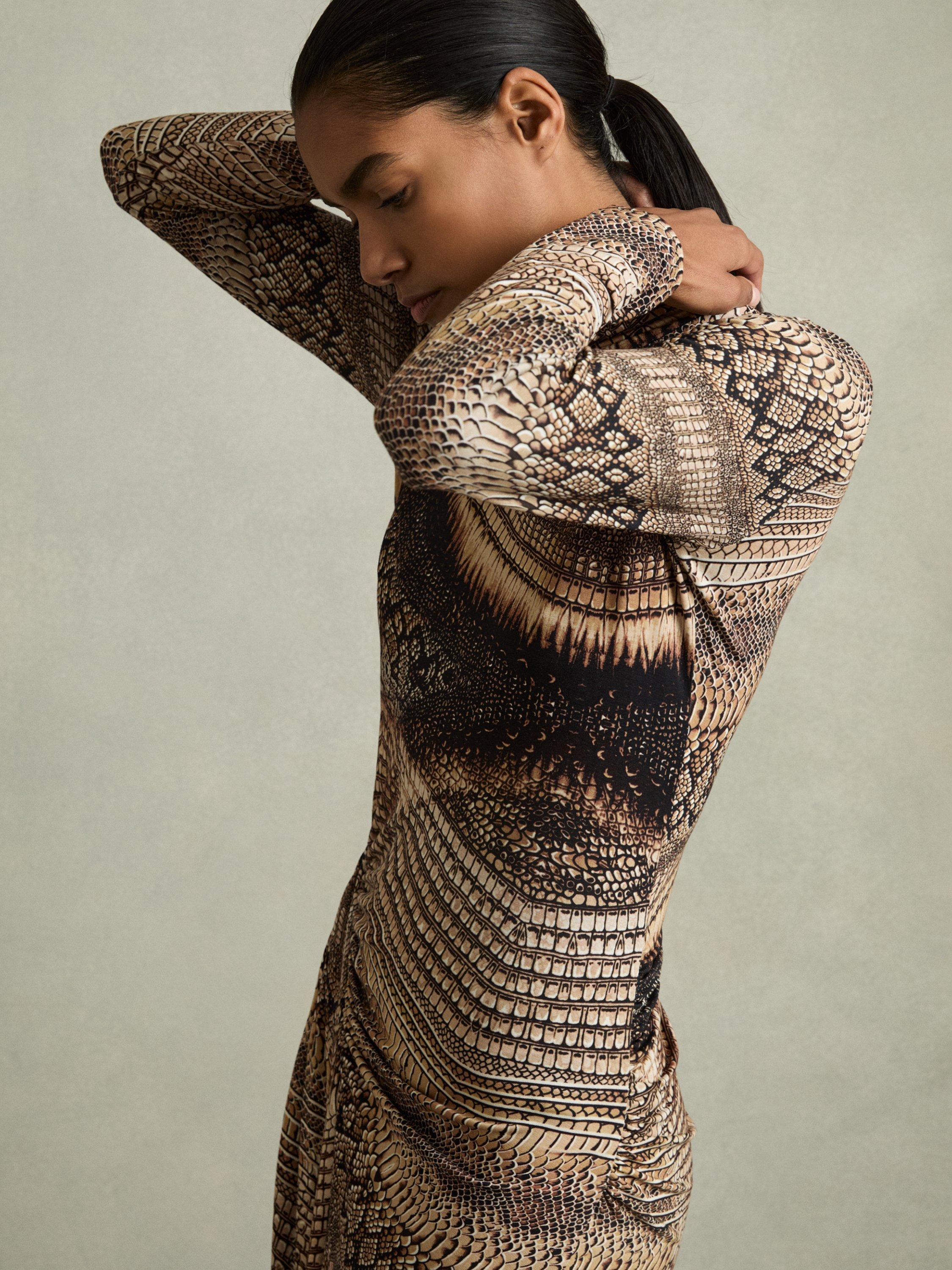 Product image 1 of 5, which shows Reiss Naomi Stretchy Snake Print Midi Dress, Brown, XS