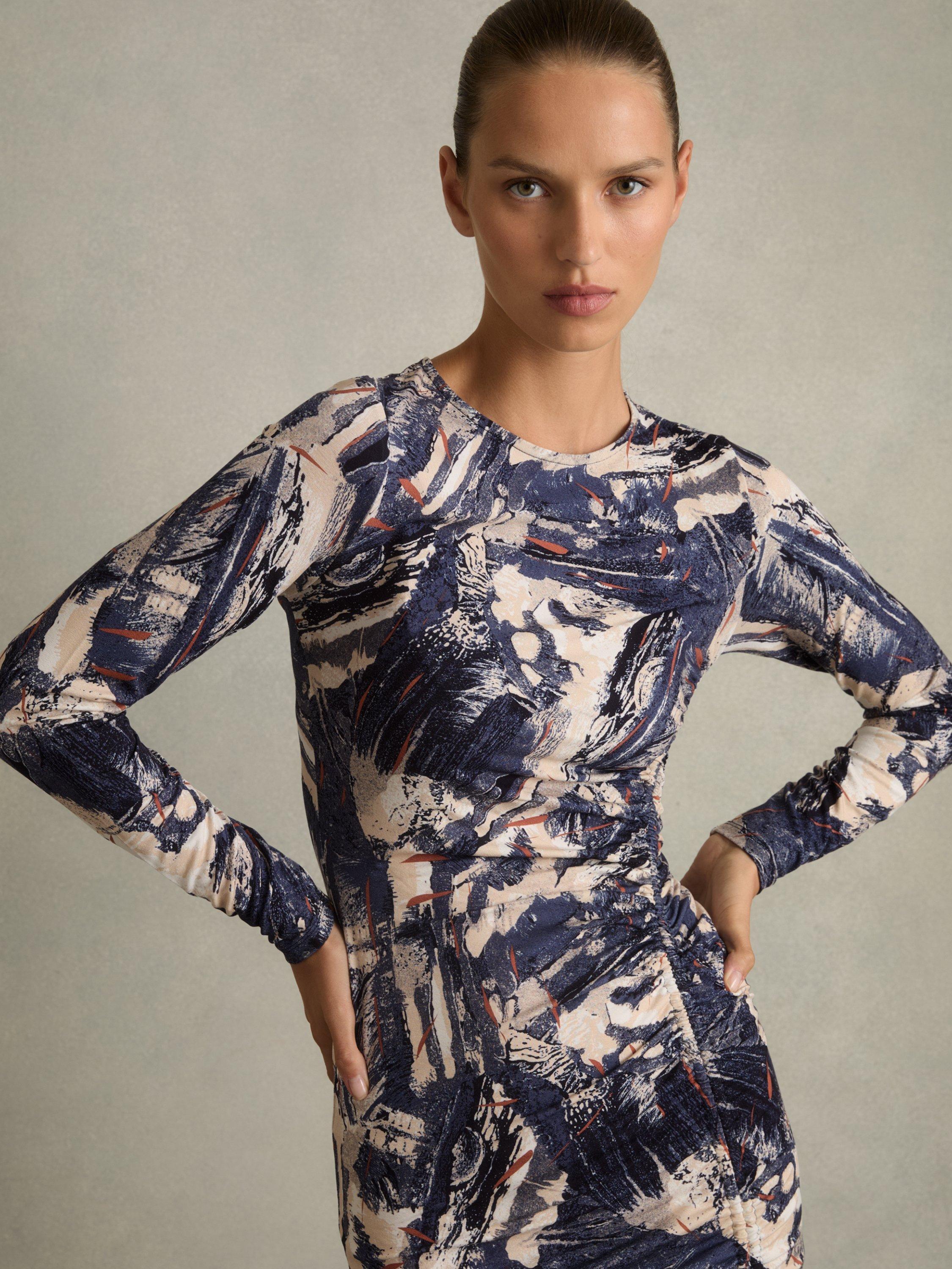 Reiss Riyo Abstract Ruched Midi Dress, Navy/Neutral