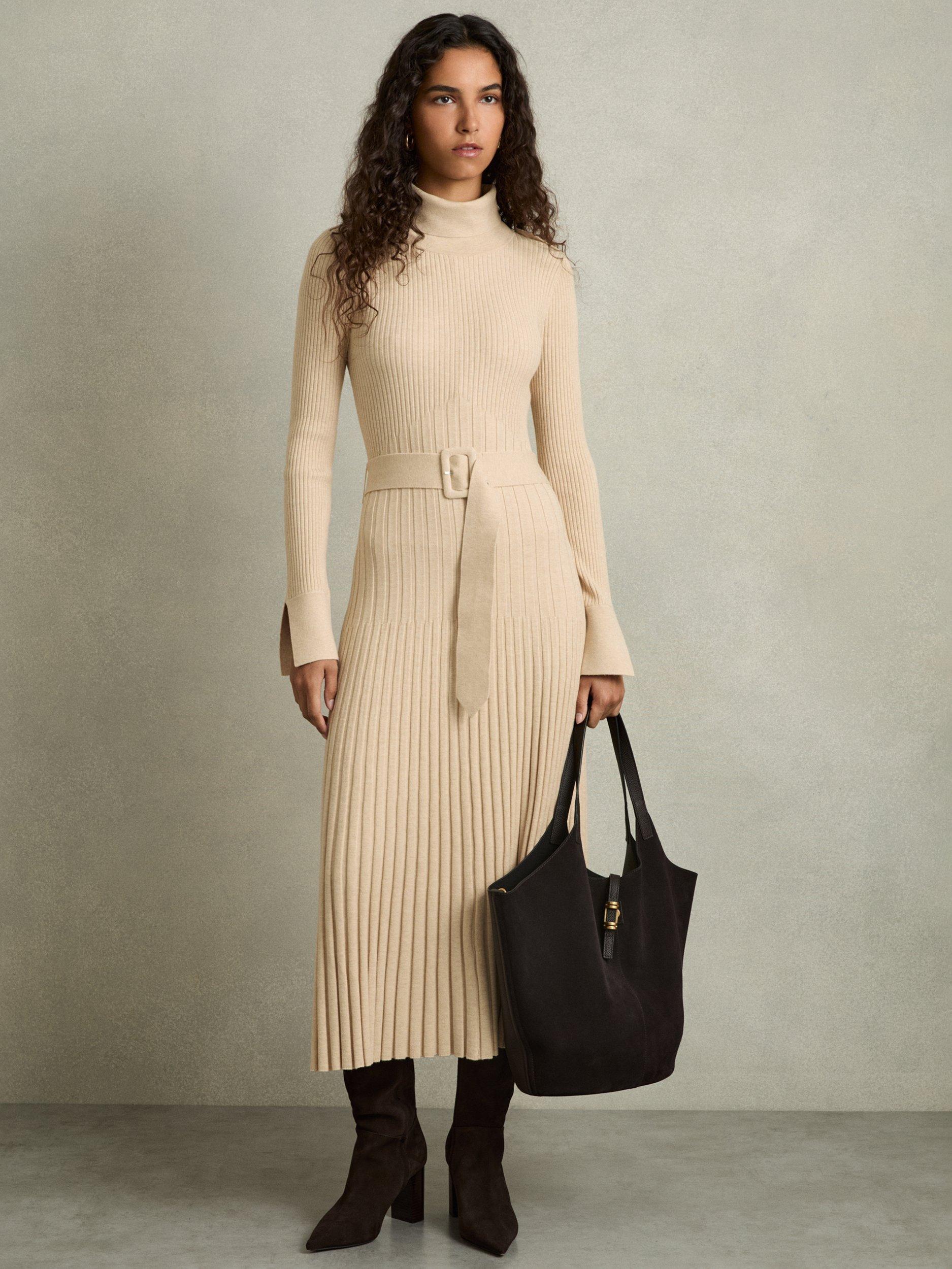 Product image 1 of 5, which shows Reiss Vinette Roll Neck Pleated Knitted Midi Dress, Neutral, XS