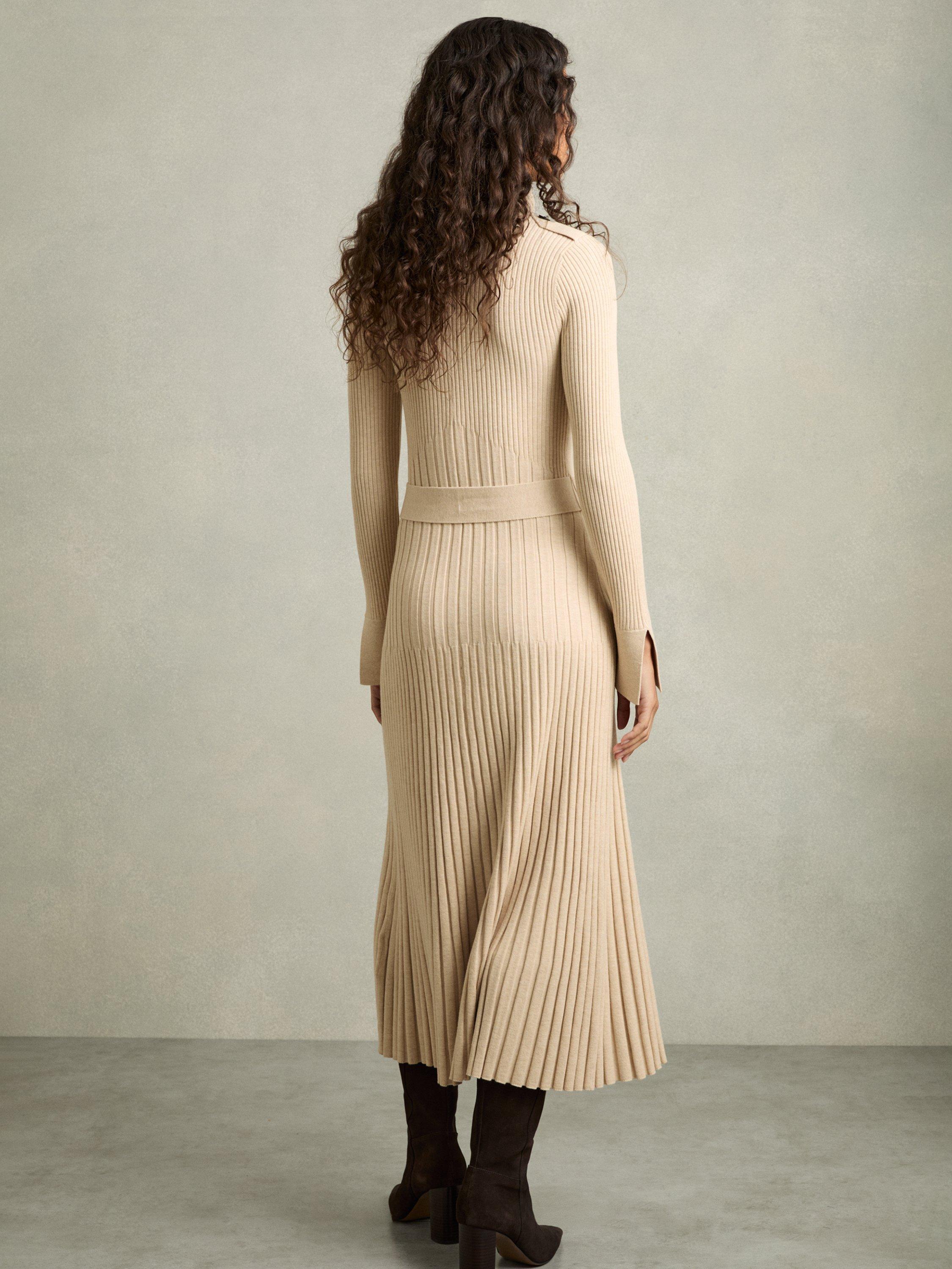 Product image 2 of 5, which shows Reiss Vinette Roll Neck Pleated Knitted Midi Dress, Neutral, XS