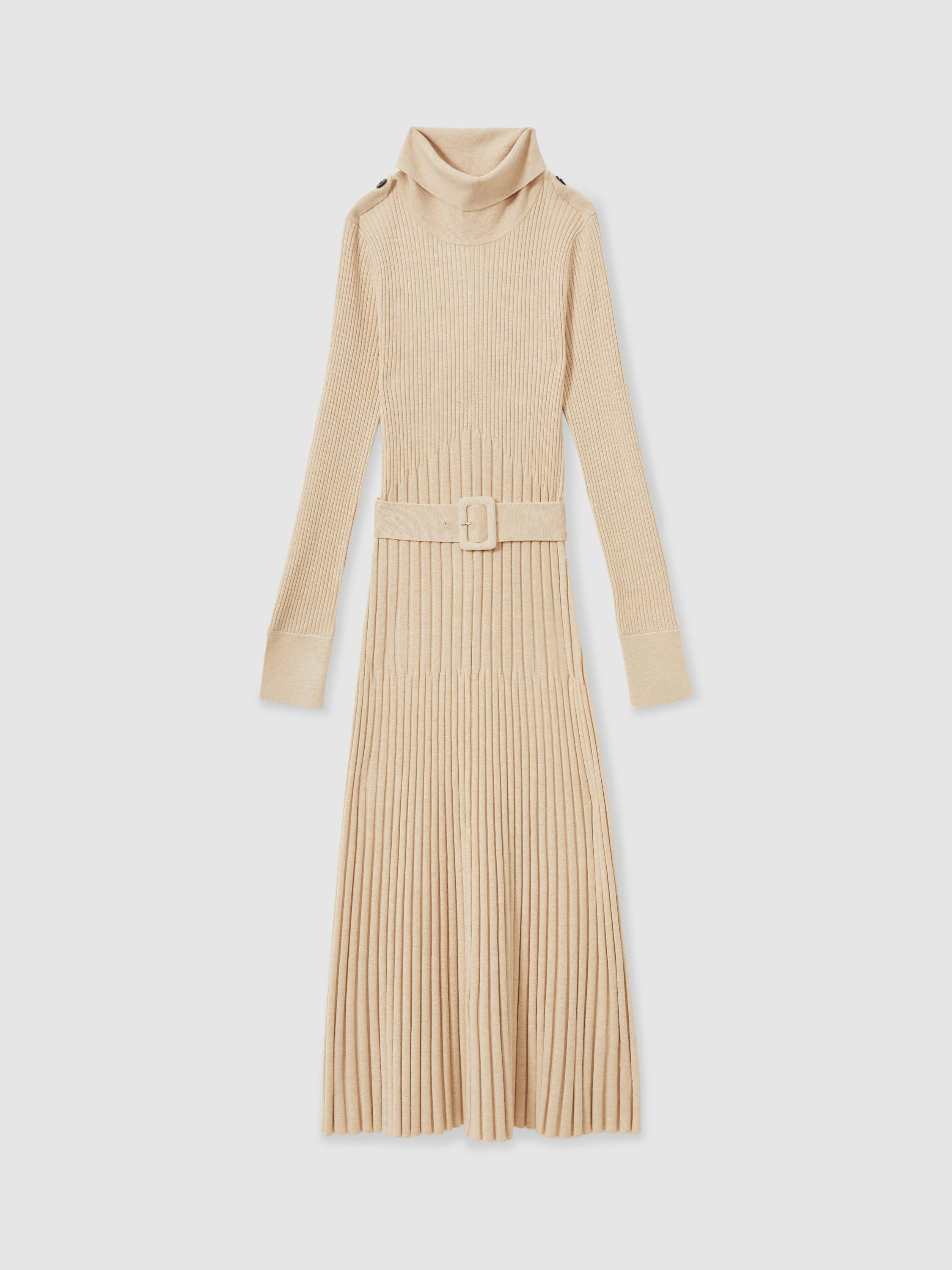 Product image 3 of 5, which shows Reiss Vinette Roll Neck Pleated Knitted Midi Dress, Neutral, XS