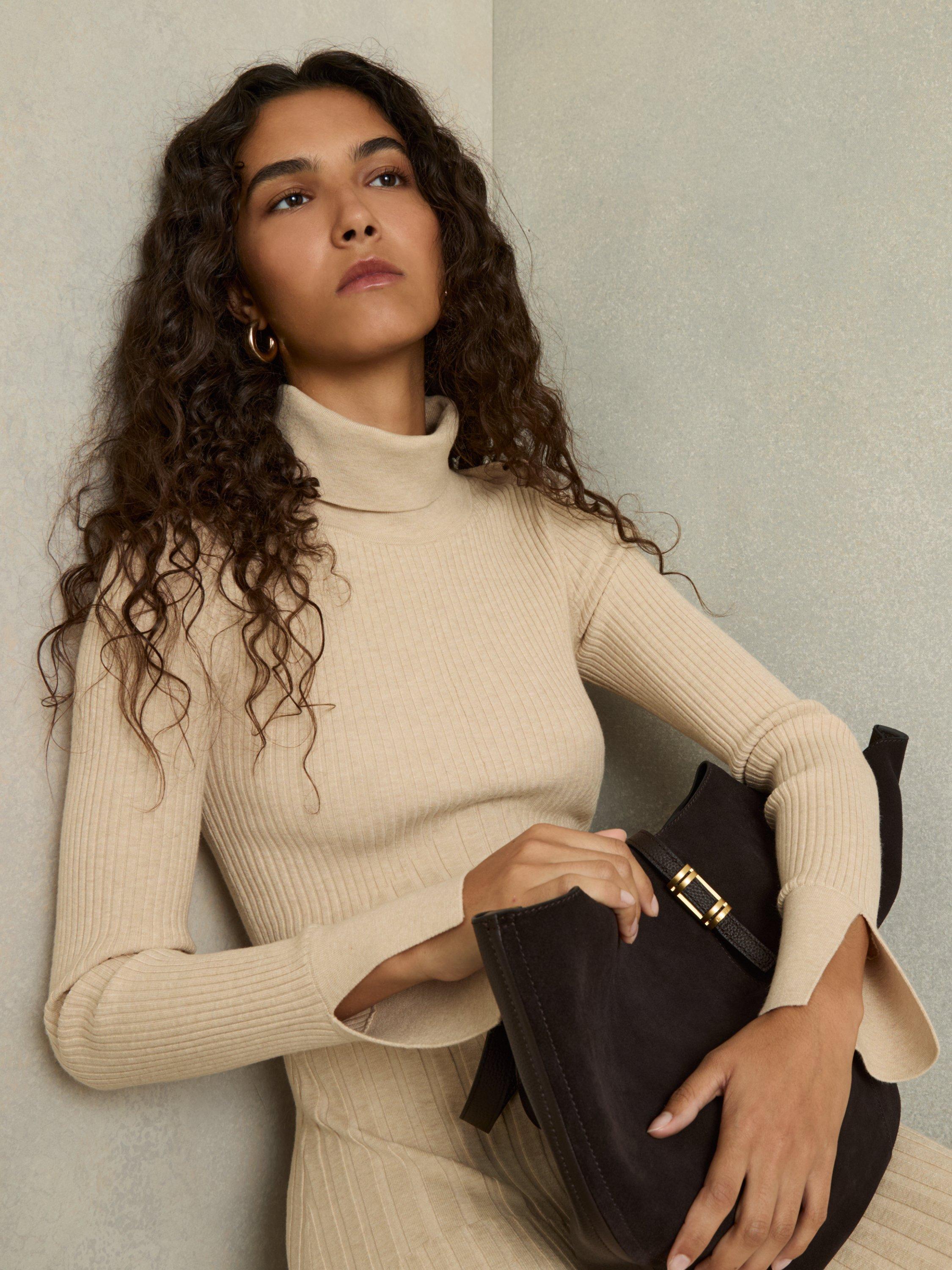 Product image 4 of 5, which shows Reiss Vinette Roll Neck Pleated Knitted Midi Dress, Neutral, XS