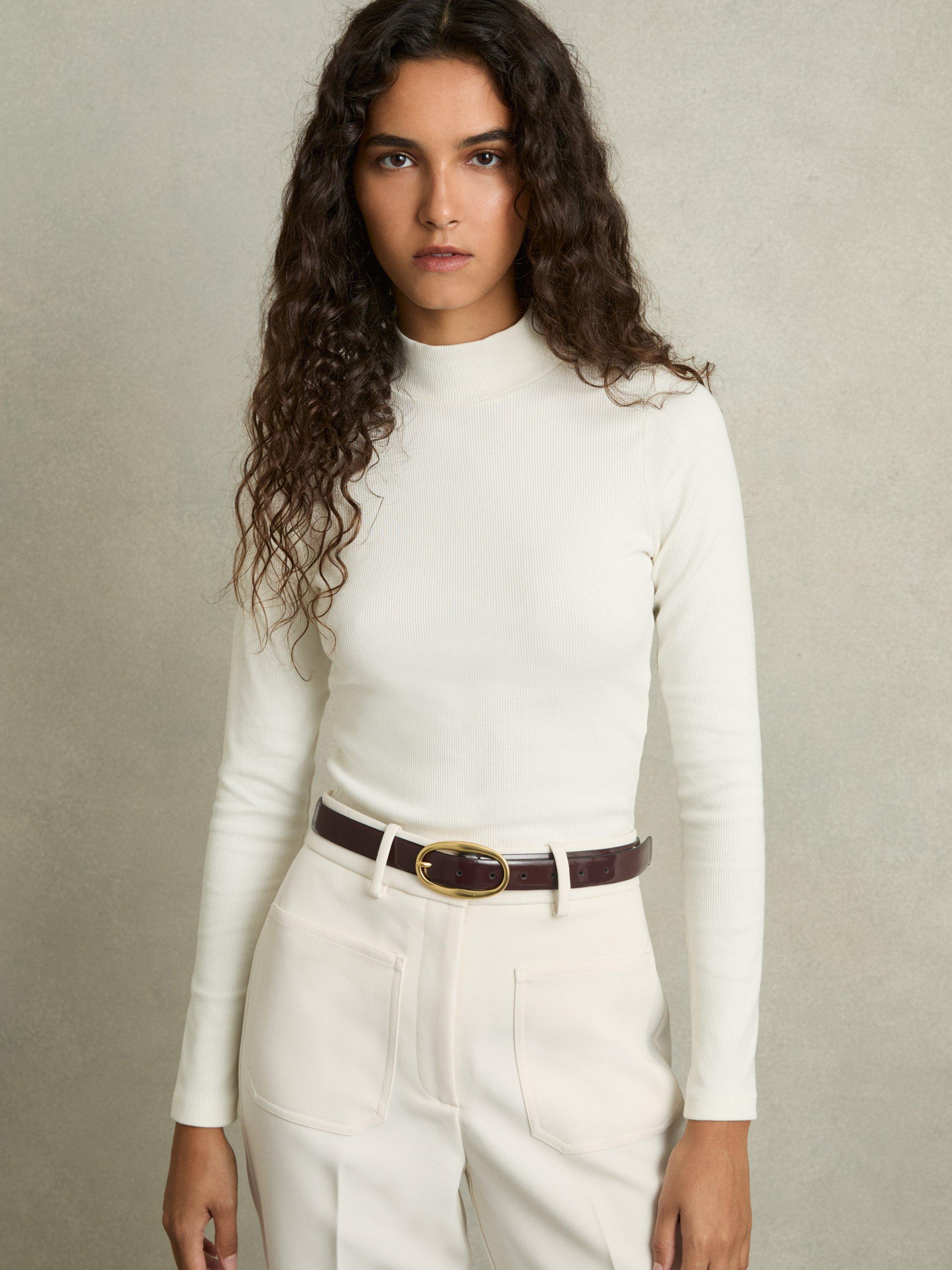 Product image 1 of 5, which shows Reiss Polly High Neck Ribbed Jersey Top, White, L