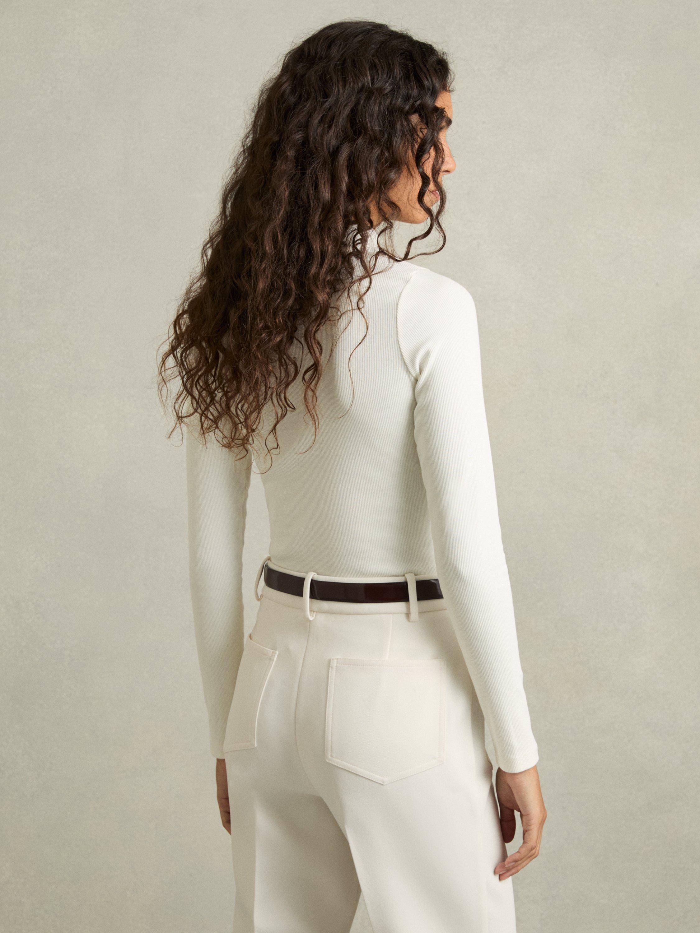 Product image 2 of 5, which shows Reiss Polly High Neck Ribbed Jersey Top, White, L