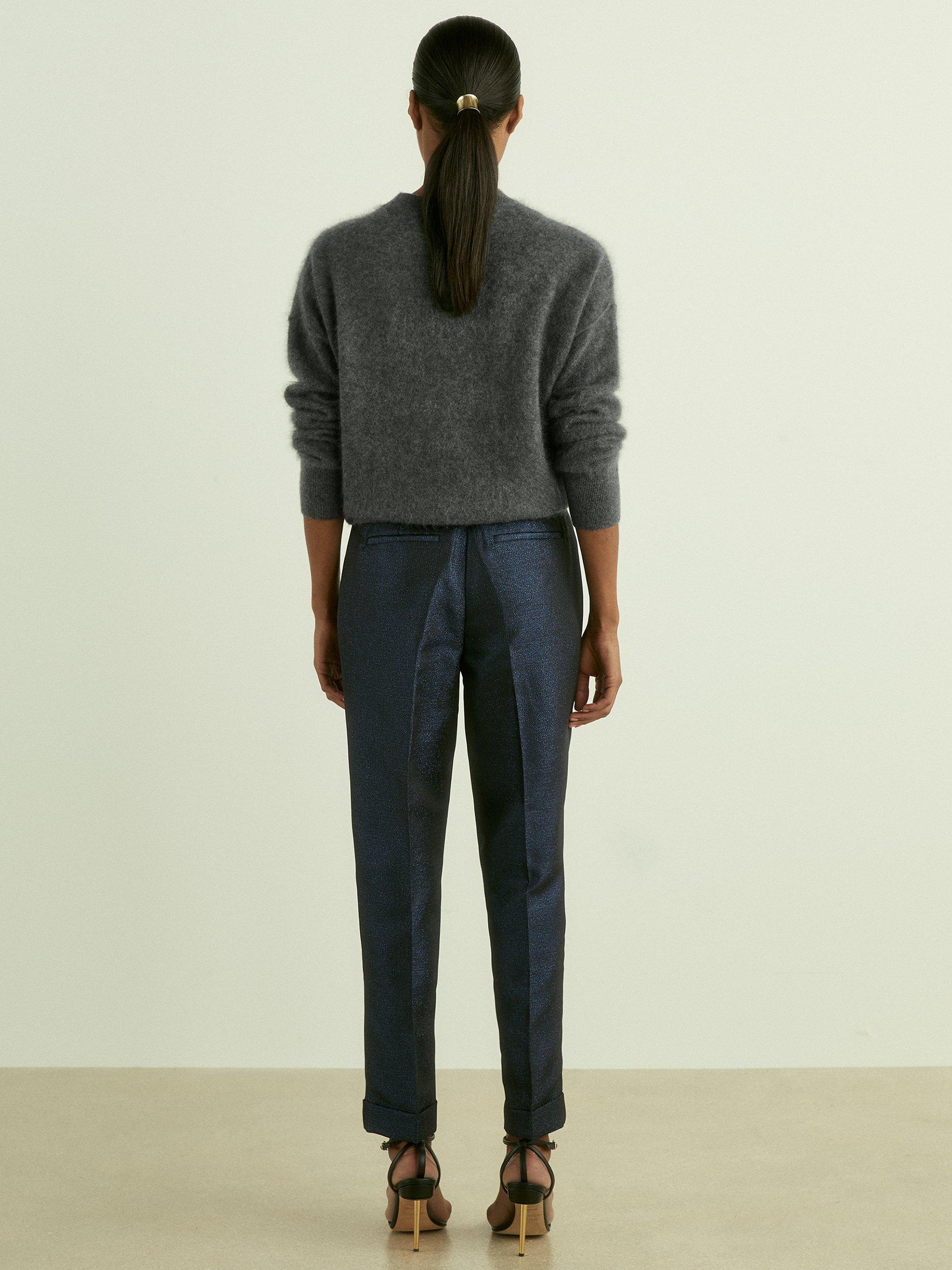 Product image 2 of 5, which shows Reiss Sienna Metallic Tapered Trousers, Navy, 10R