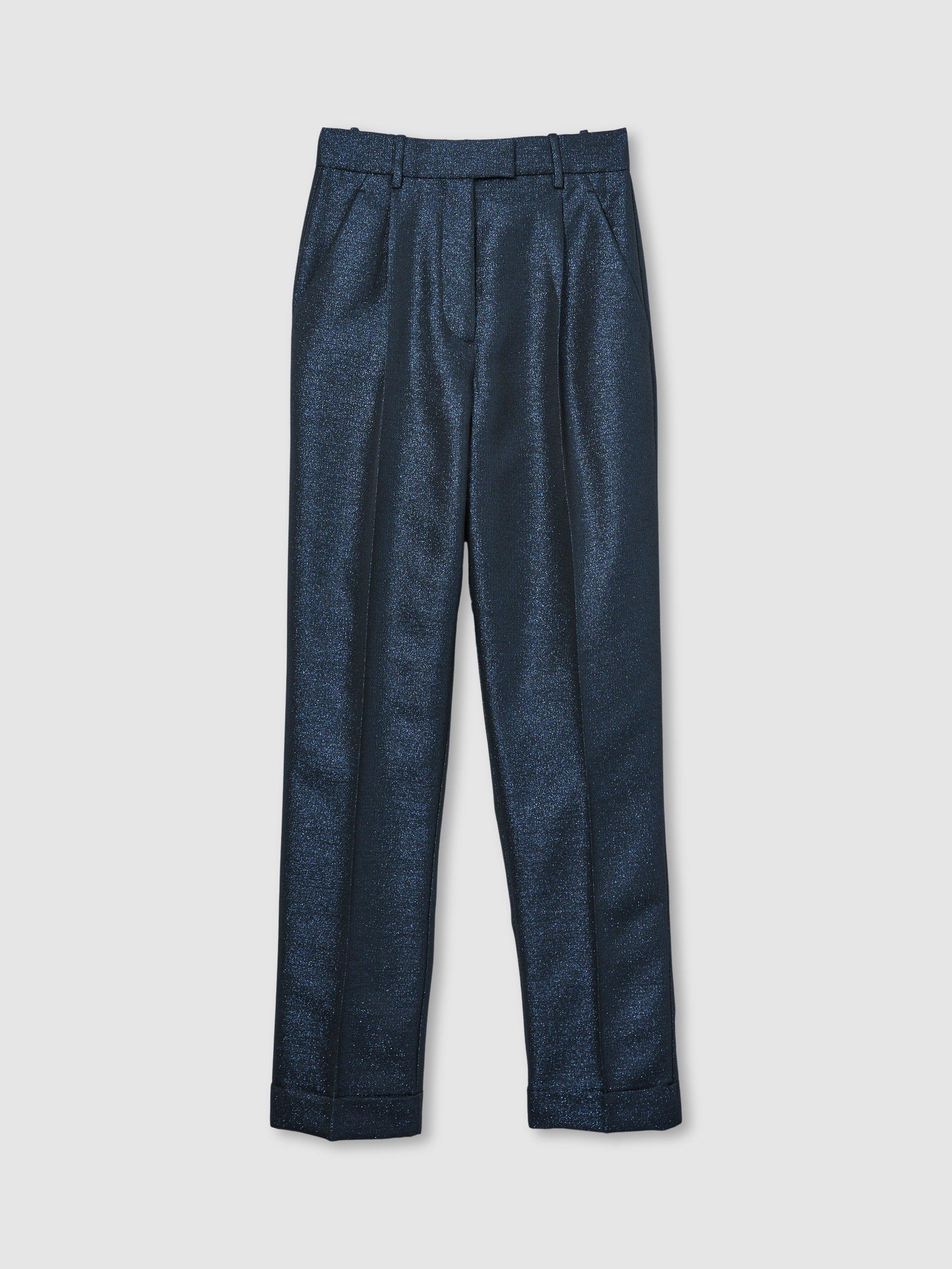 Product image 3 of 5, which shows Reiss Sienna Metallic Tapered Trousers, Navy, 10R