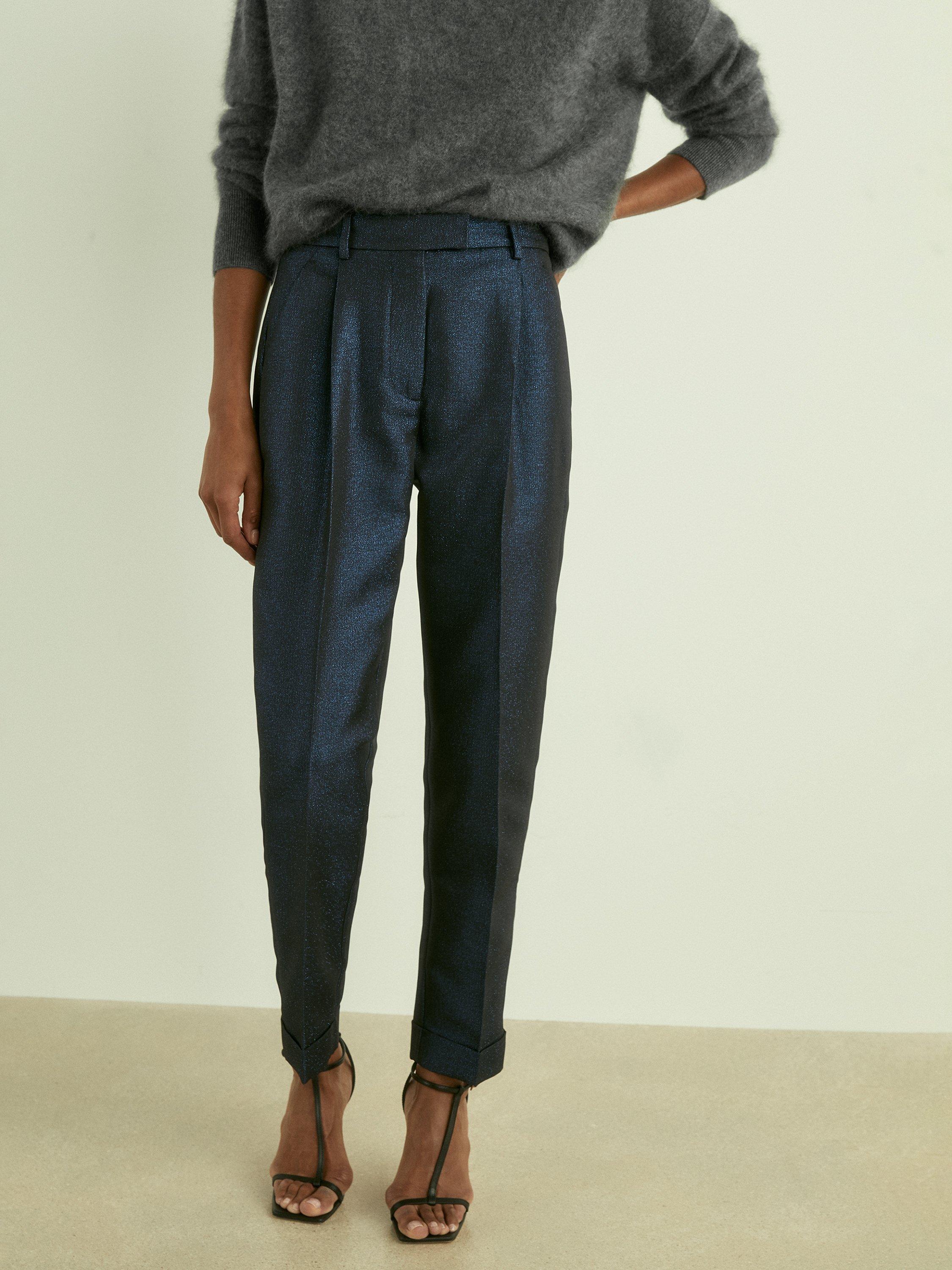 Product image 4 of 5, which shows Reiss Sienna Metallic Tapered Trousers, Navy, 10R