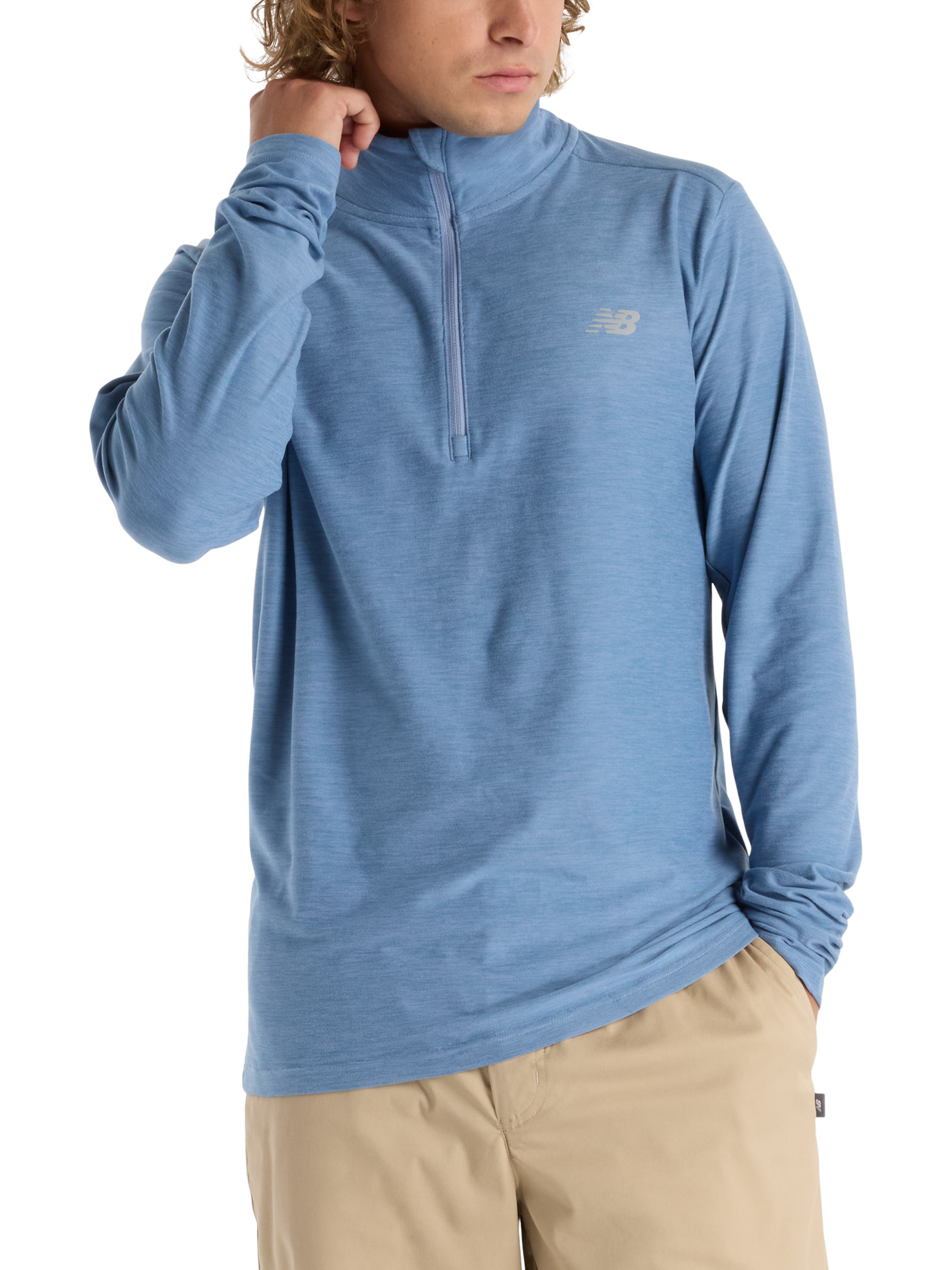 Product image 1 of 6, which shows New Balance Space Dye Quarter Zip Top, Shower Heather, XL