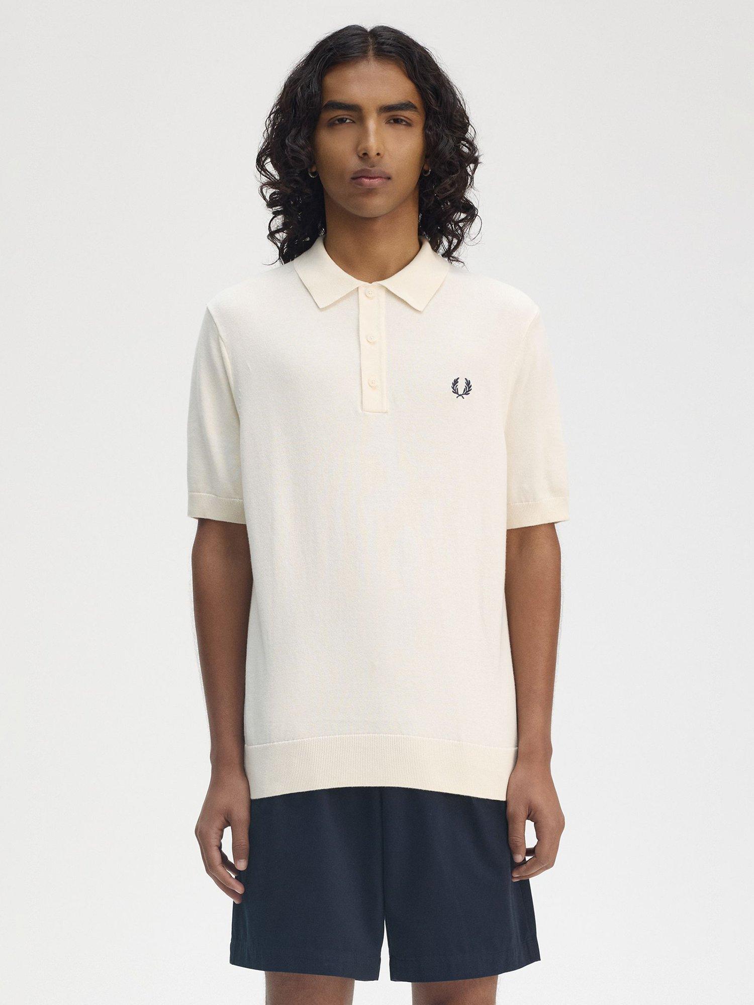 Product image 1 of 5, which shows Fred Perry Cotton Knit Polo Shirt, Ecru, S