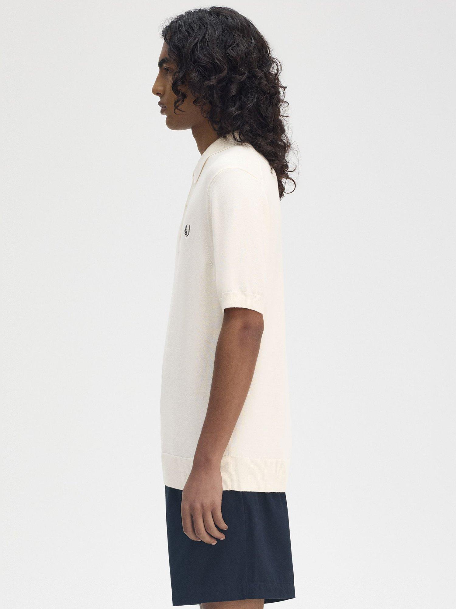 Product image 2 of 5, which shows Fred Perry Cotton Knit Polo Shirt, Ecru, S
