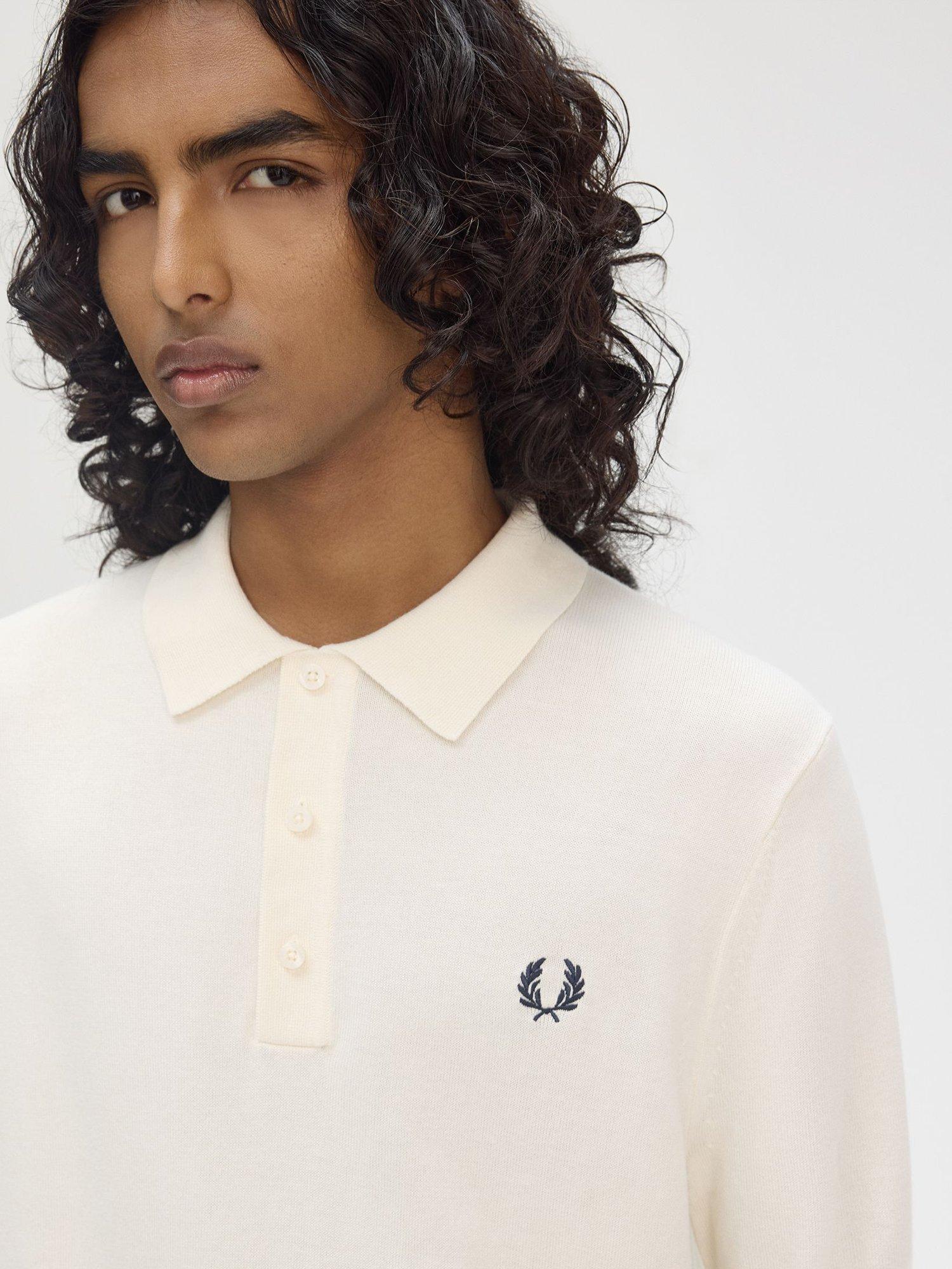 Product image 3 of 5, which shows Fred Perry Cotton Knit Polo Shirt, Ecru, S