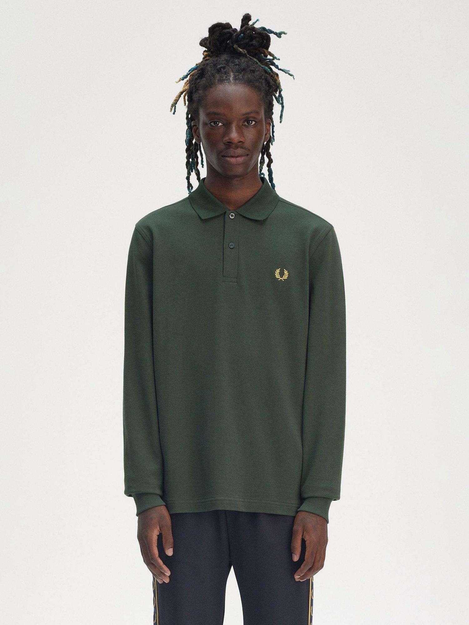 Fred Perry Cotton Regular Fit Long Sleeve Polo Shirt, Court Green/Honeycomb