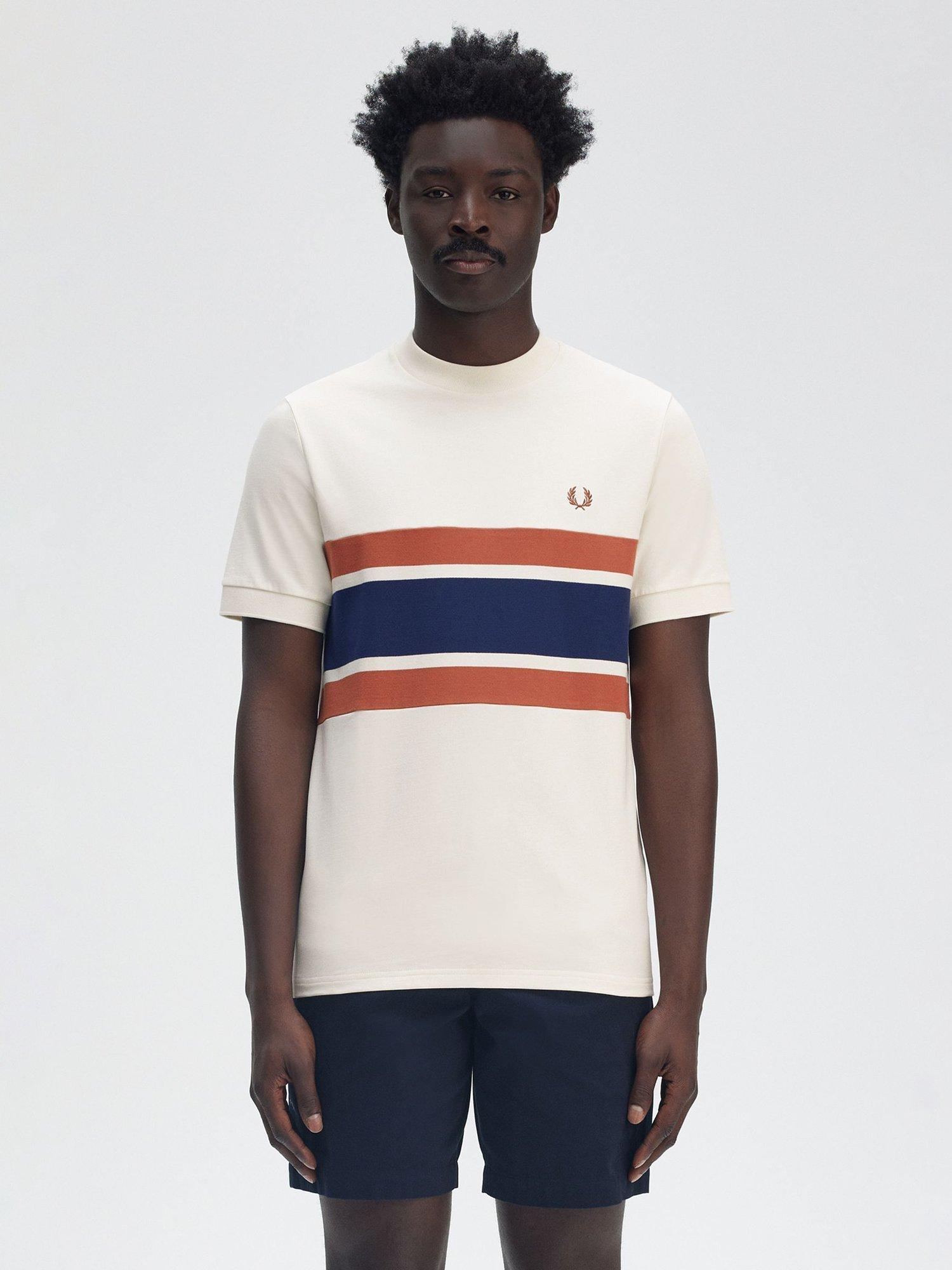 Product image 1 of 5, which shows Fred Perry Panelled Cotton T-Shirt, Light Ecru, S