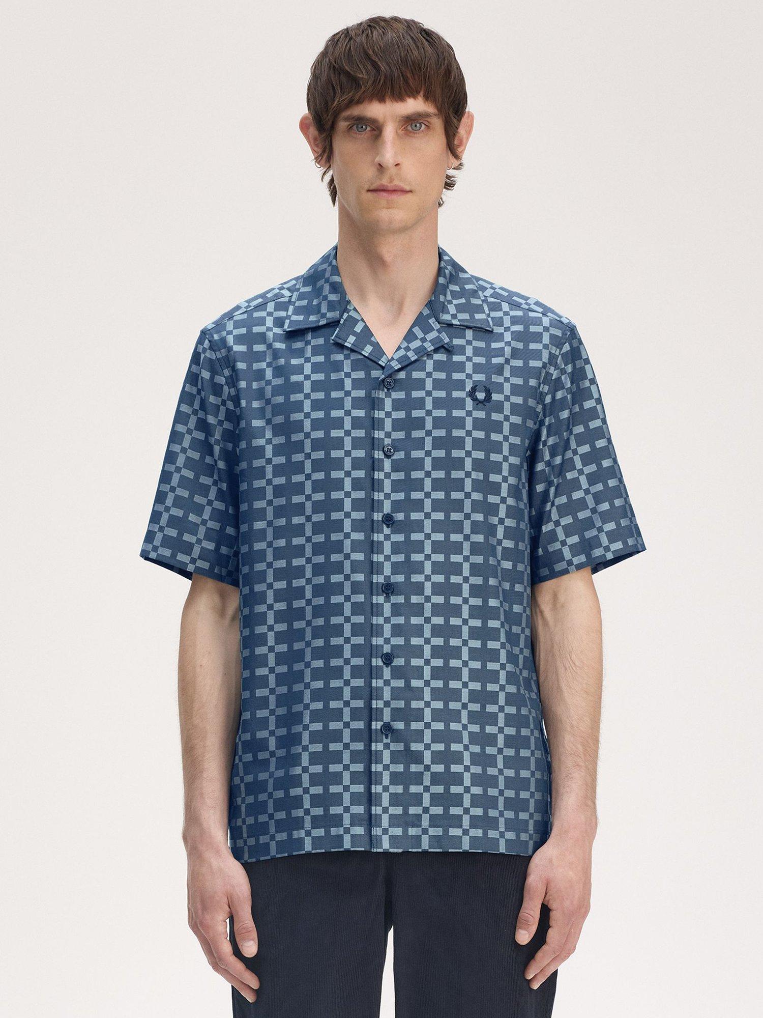 Product image 1 of 5, which shows Fred Perry Cotton Geometric Revere Shirt, Silver Blue, XXL