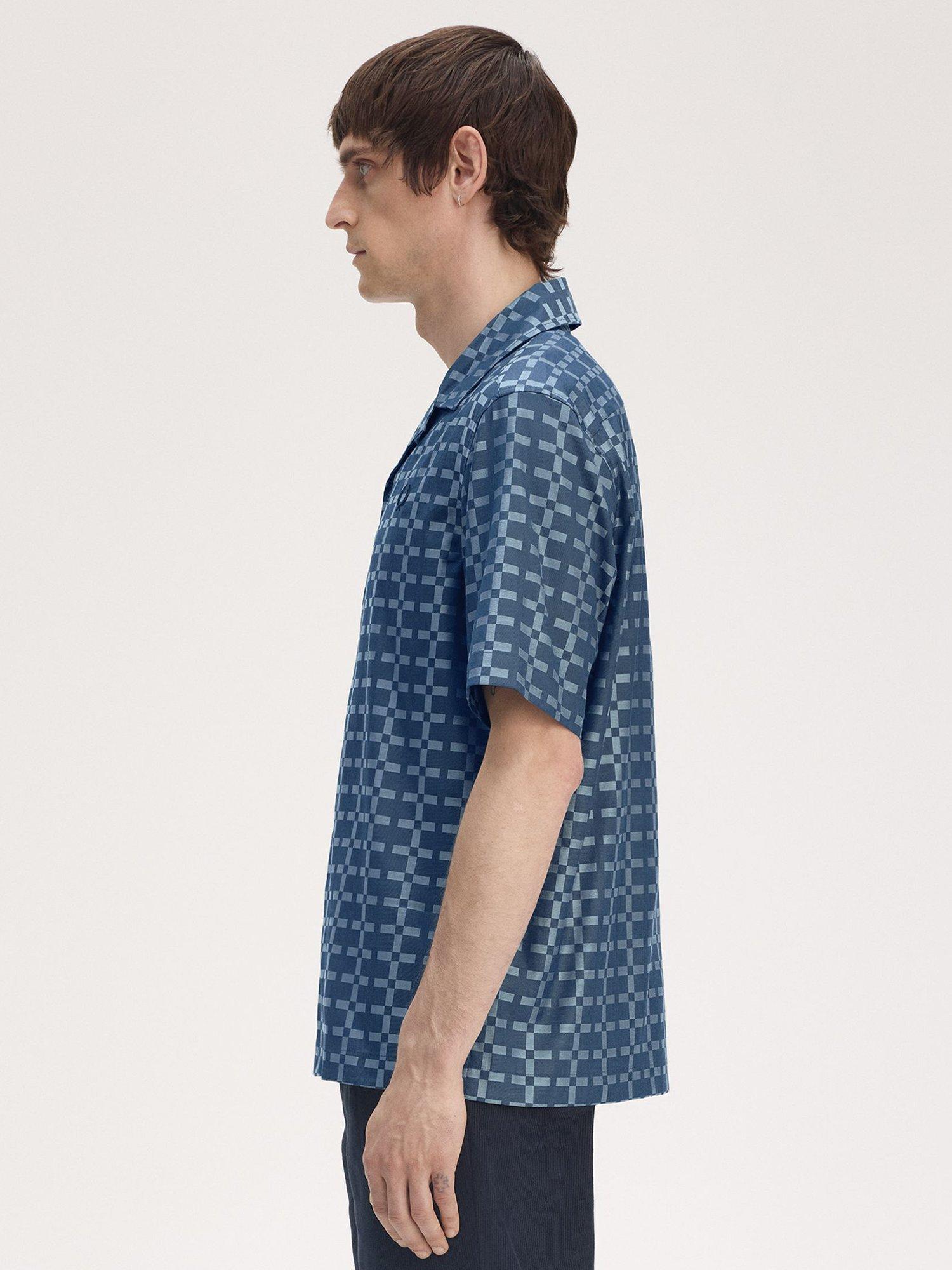 Product image 2 of 5, which shows Fred Perry Cotton Geometric Revere Shirt, Silver Blue, XXL