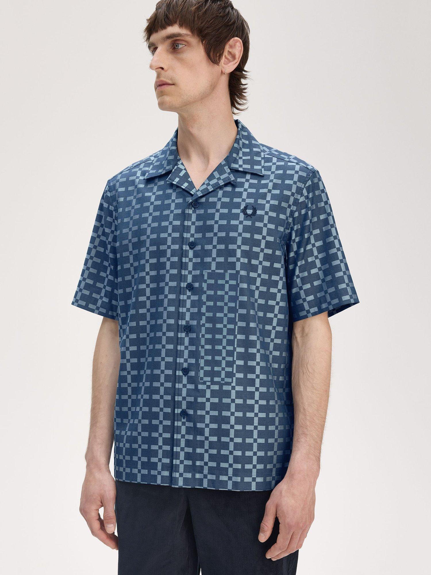 Product image 3 of 5, which shows Fred Perry Cotton Geometric Revere Shirt, Silver Blue, XXL