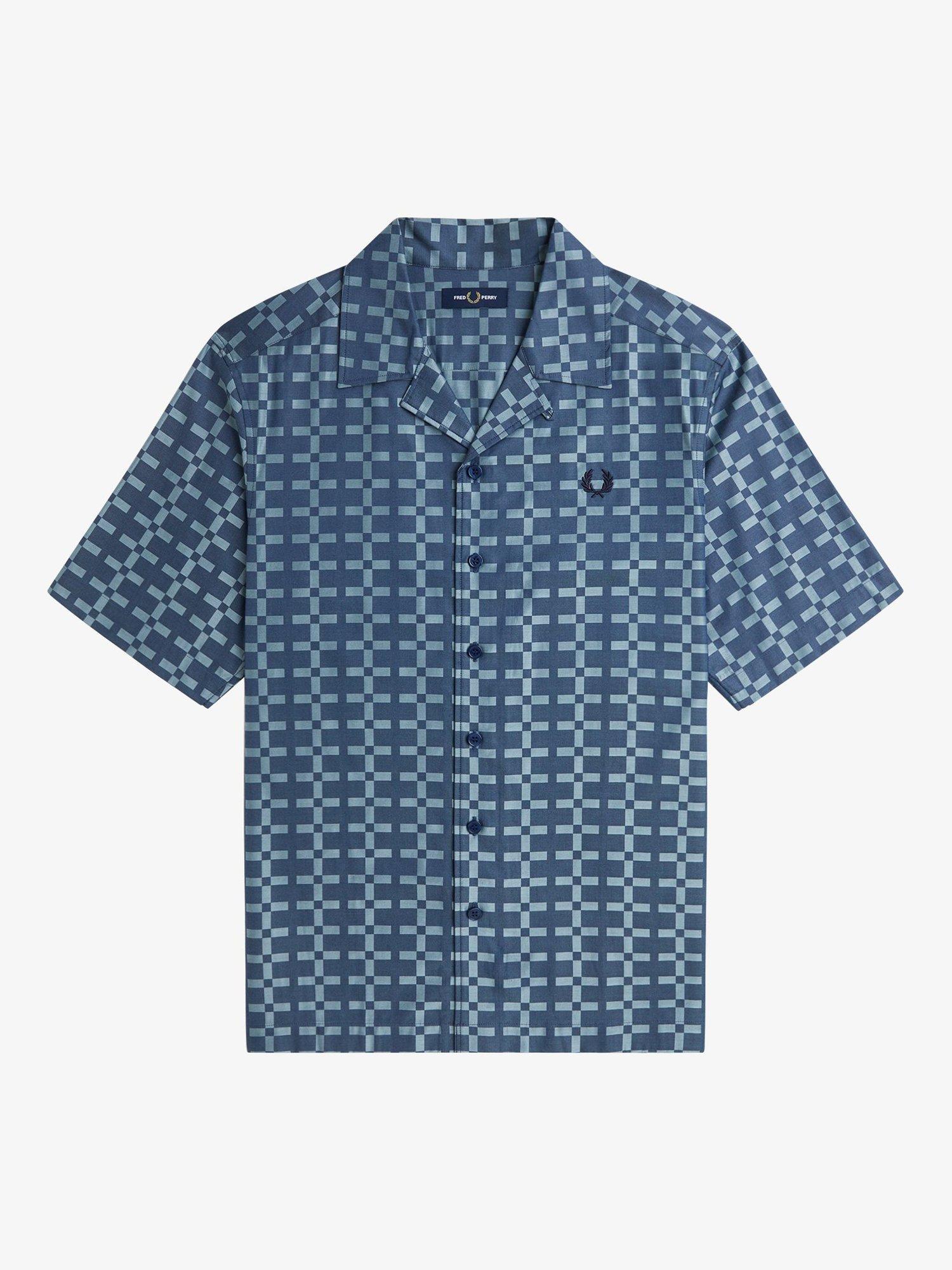 Product image 4 of 5, which shows Fred Perry Cotton Geometric Revere Shirt, Silver Blue, XXL
