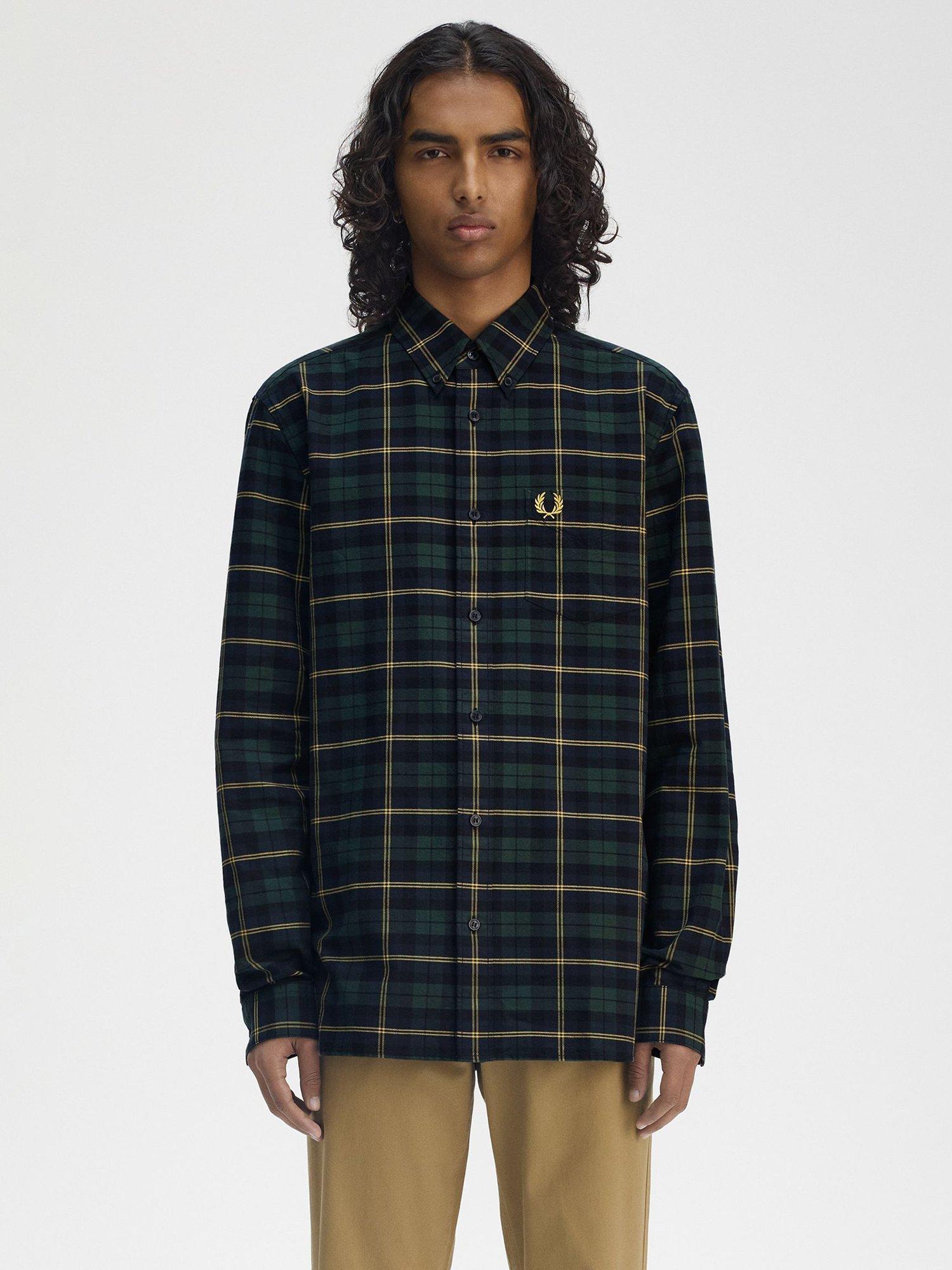 Product image 1 of 5, which shows Fred Perry Cotton Tartan Print Oxford Shirt, Navy/Multi, S
