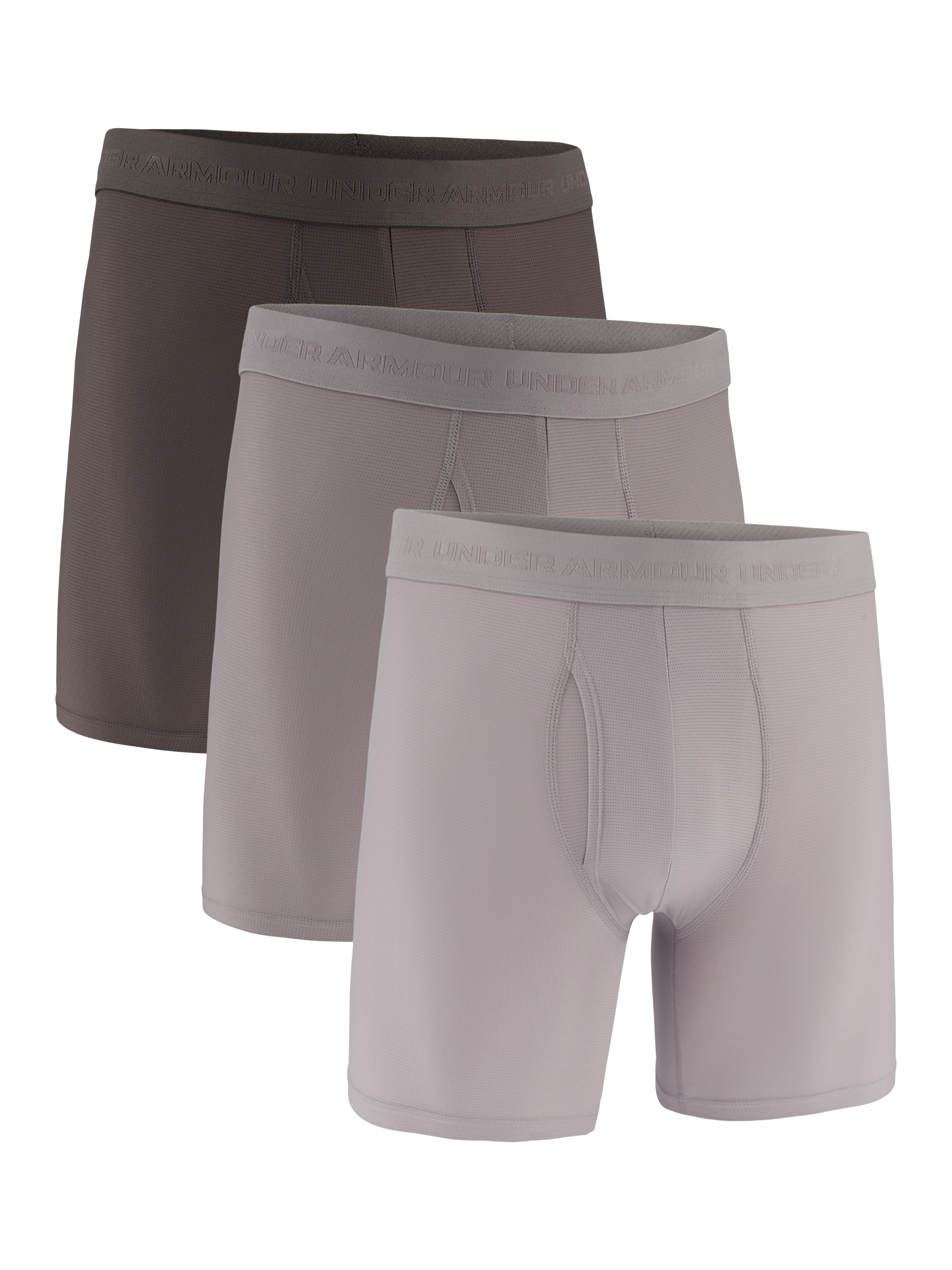 Product image 1 of 3, which shows Under Armour Tech 6" Trunks, Pack of 3, Grey Multi Grey, S