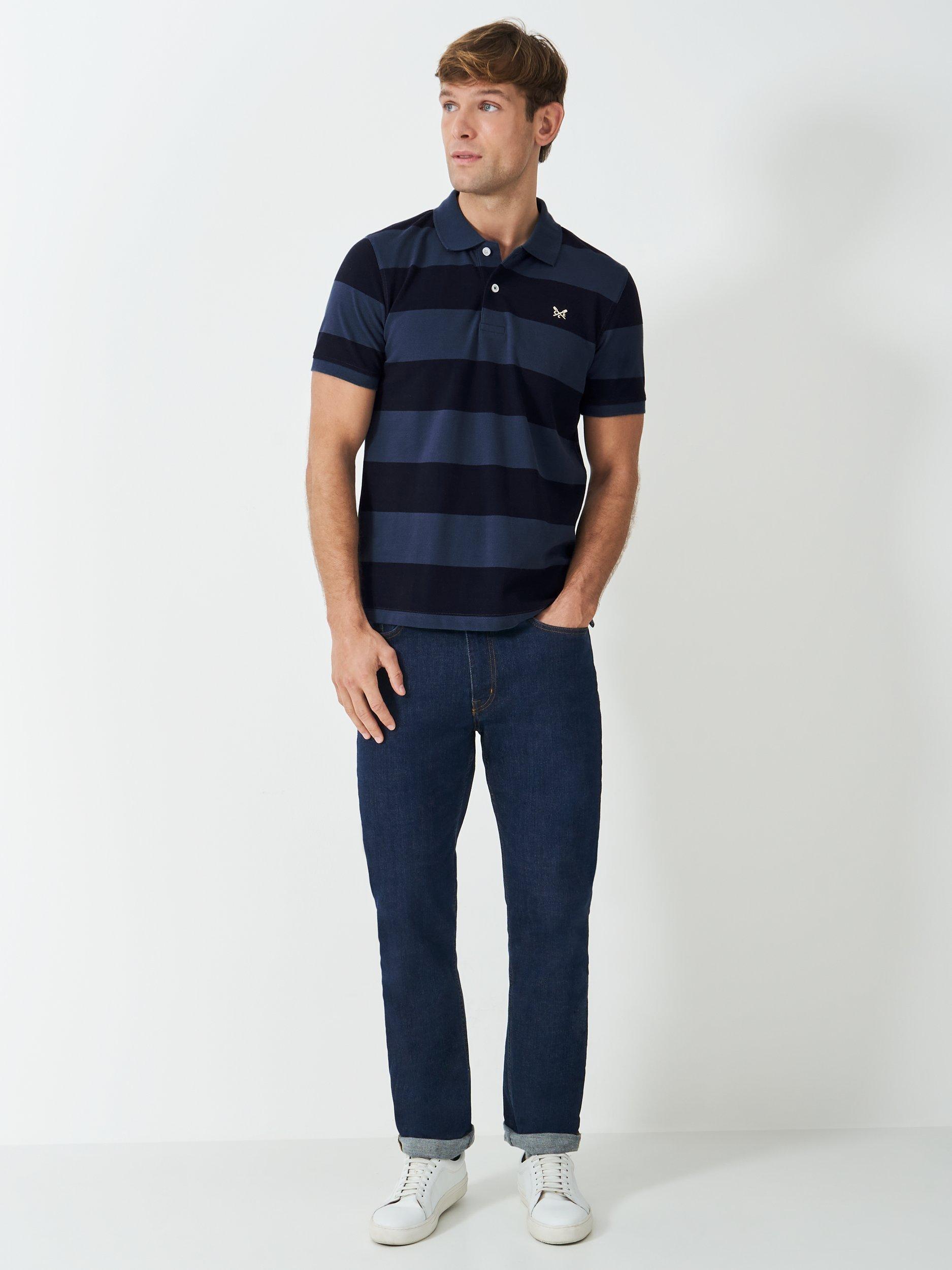Crew Clothing Heritage Striped Polo Shirt, Mid Blue/Black