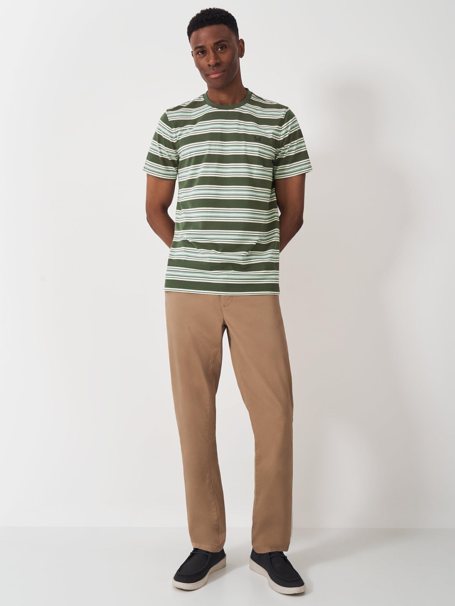 Product image 1 of 5, which shows Crew Clothing Super Soft Cotton Stripe T-Shirt, Olive Green, L