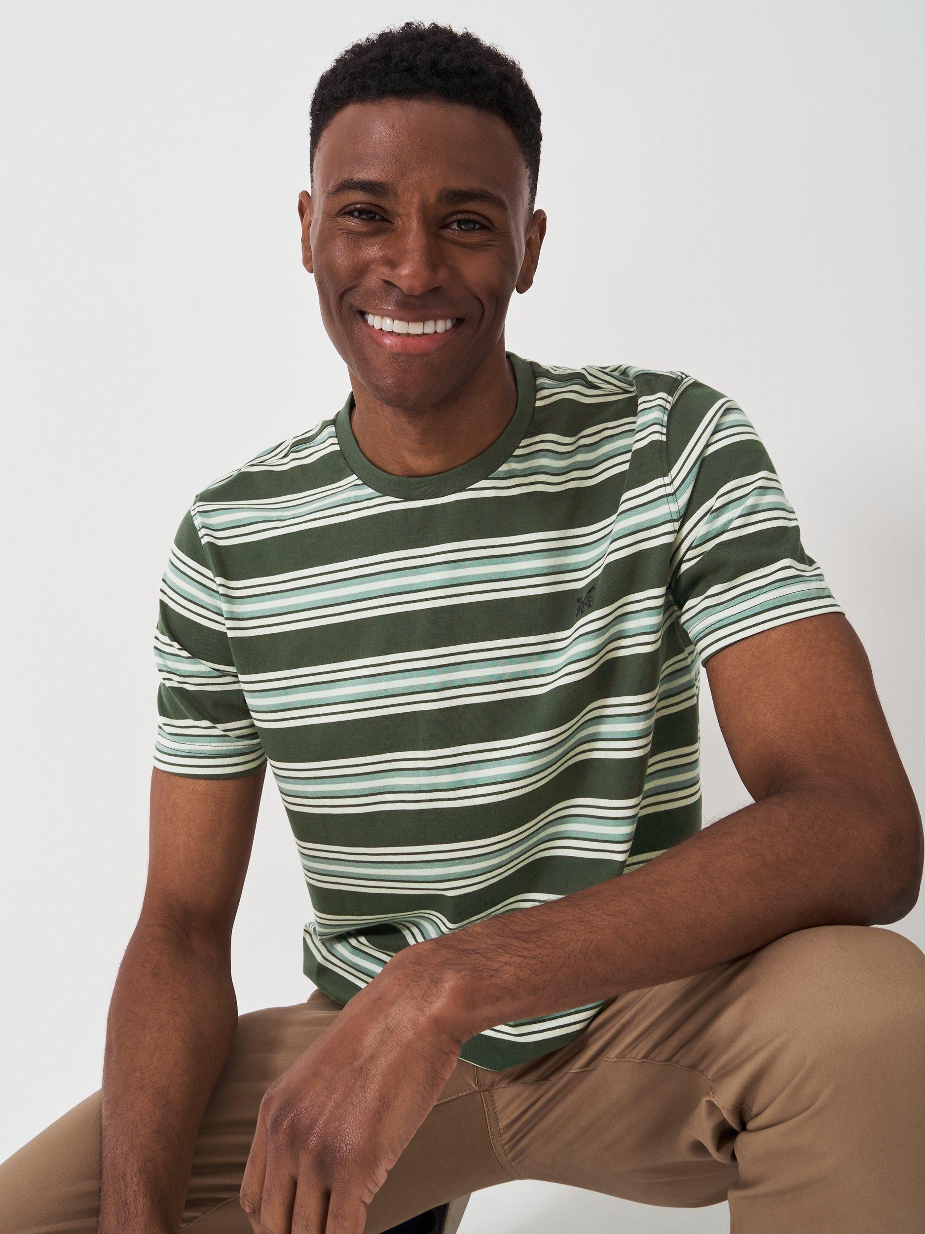 Product image 3 of 5, which shows Crew Clothing Super Soft Cotton Stripe T-Shirt, Olive Green, L