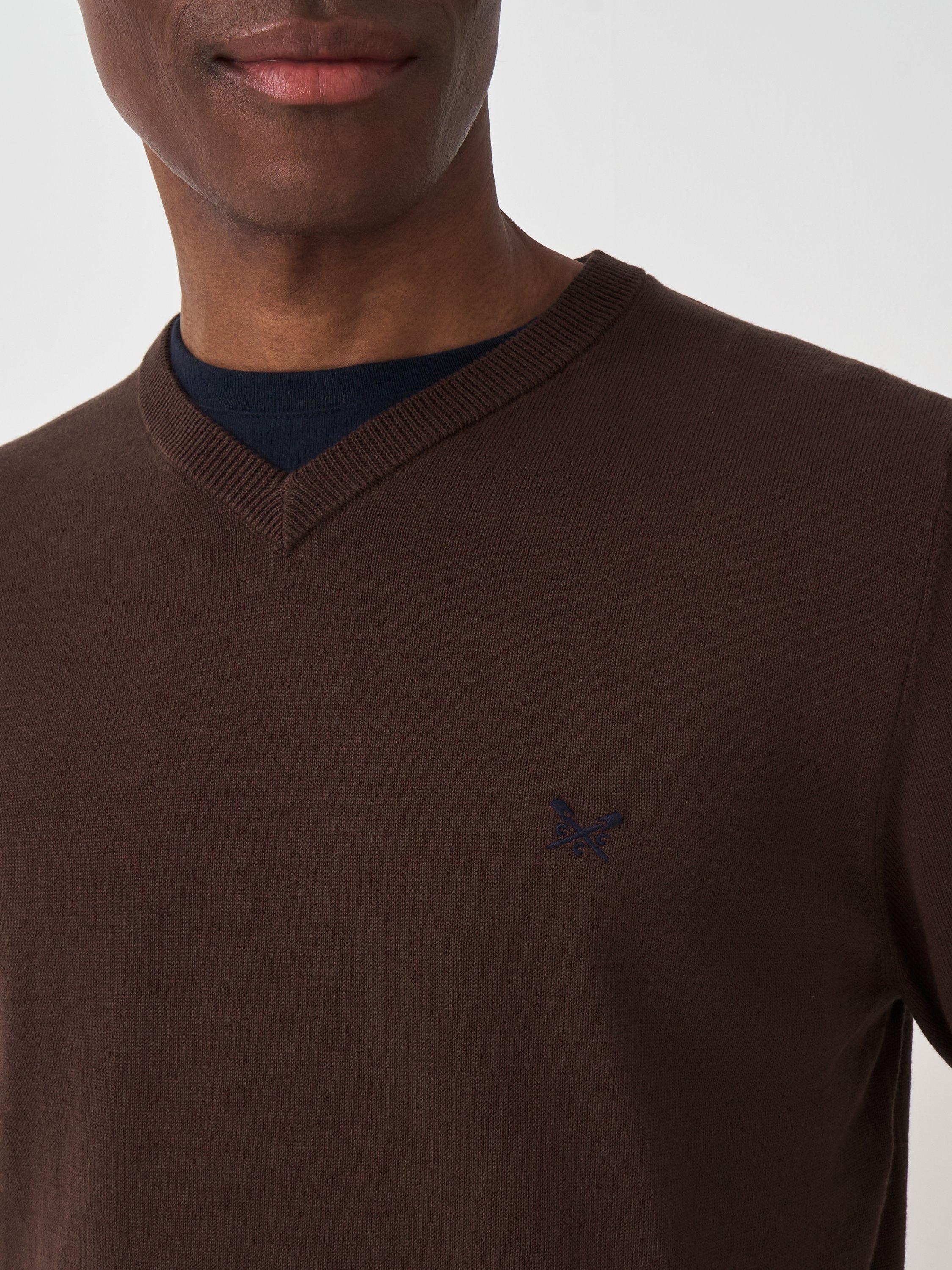 Product image 4 of 5, which shows Crew Clothing Organic Cotton V-Neck Jumper, Chocolate Brown, XS
