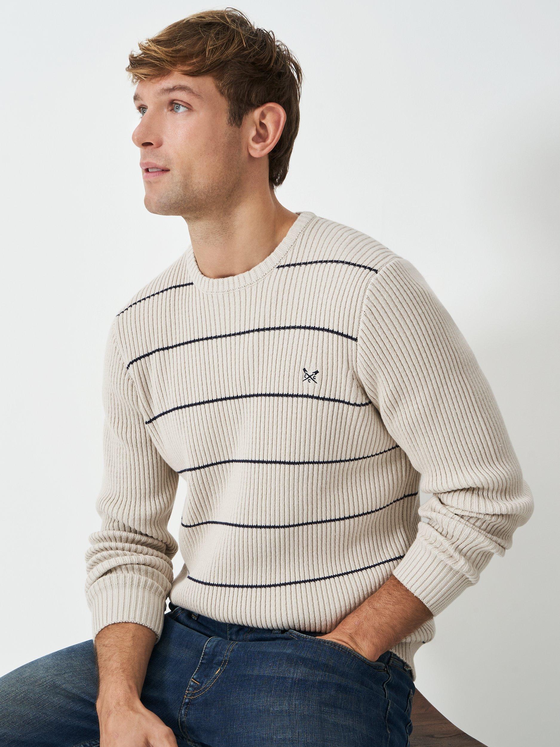Product image 1 of 5, which shows Crew Clothing Stripe Crew Jumper, Beige, L