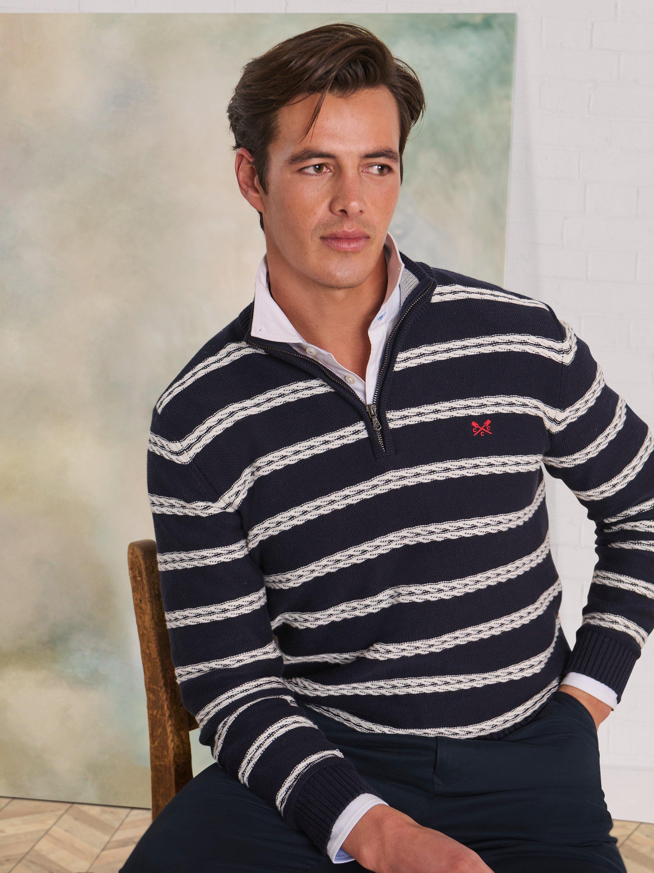 Product image 1 of 5, which shows Crew Clothing Organic Cotton Stripe Half Zip Cable Jumper, Navy Blue, L