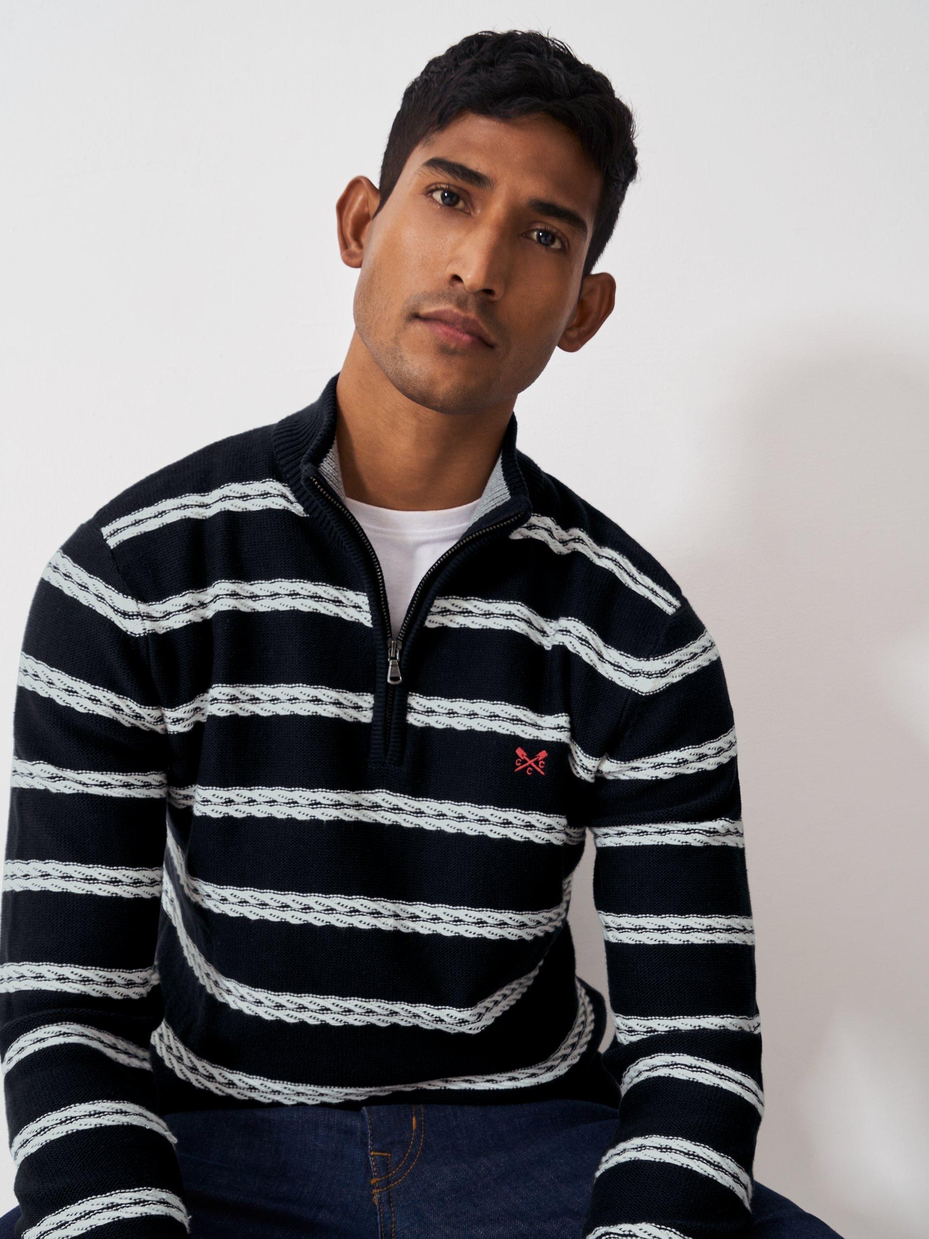 Product image 2 of 5, which shows Crew Clothing Organic Cotton Stripe Half Zip Cable Jumper, Navy Blue, L