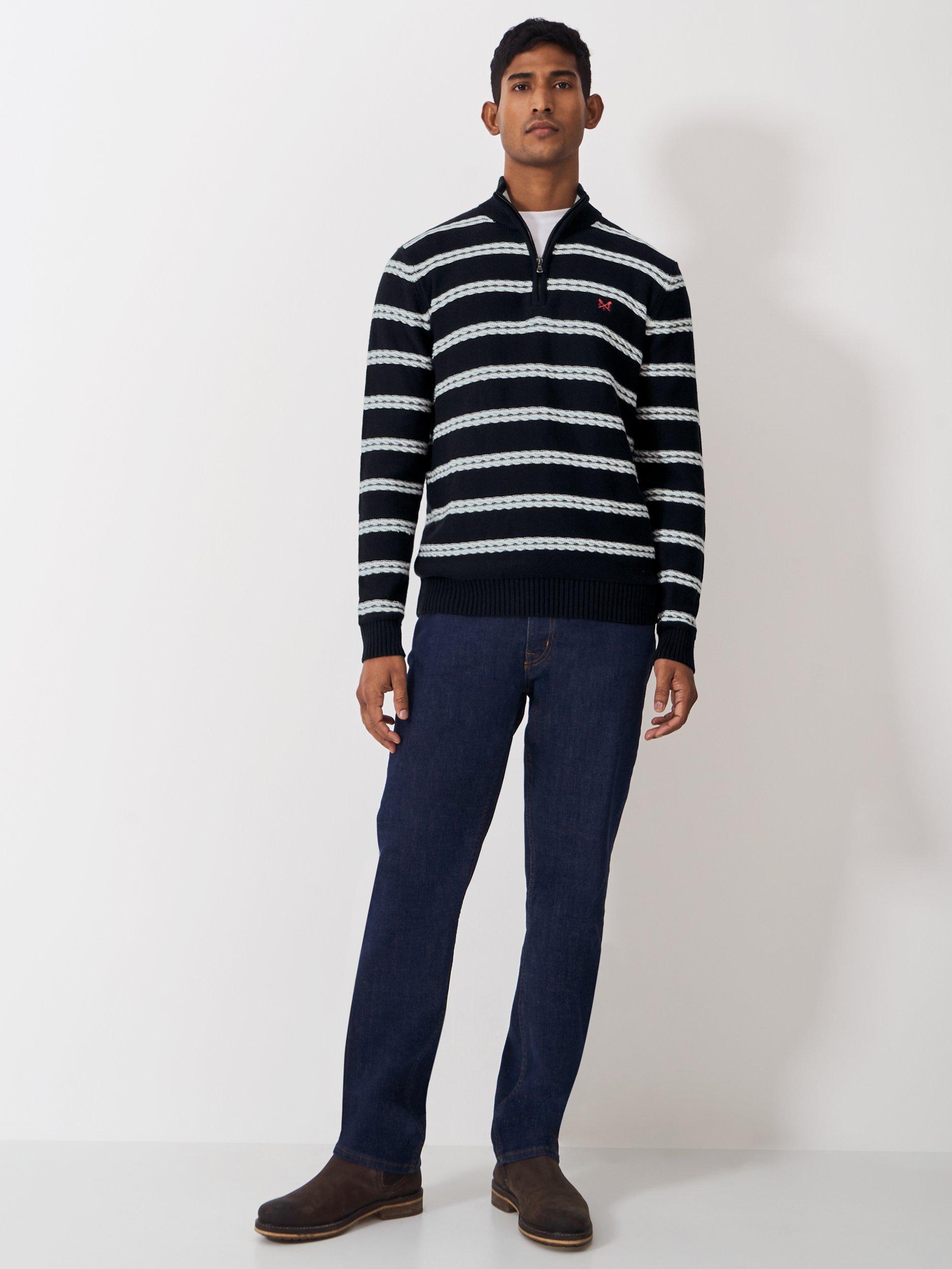 Product image 3 of 5, which shows Crew Clothing Organic Cotton Stripe Half Zip Cable Jumper, Navy Blue, L