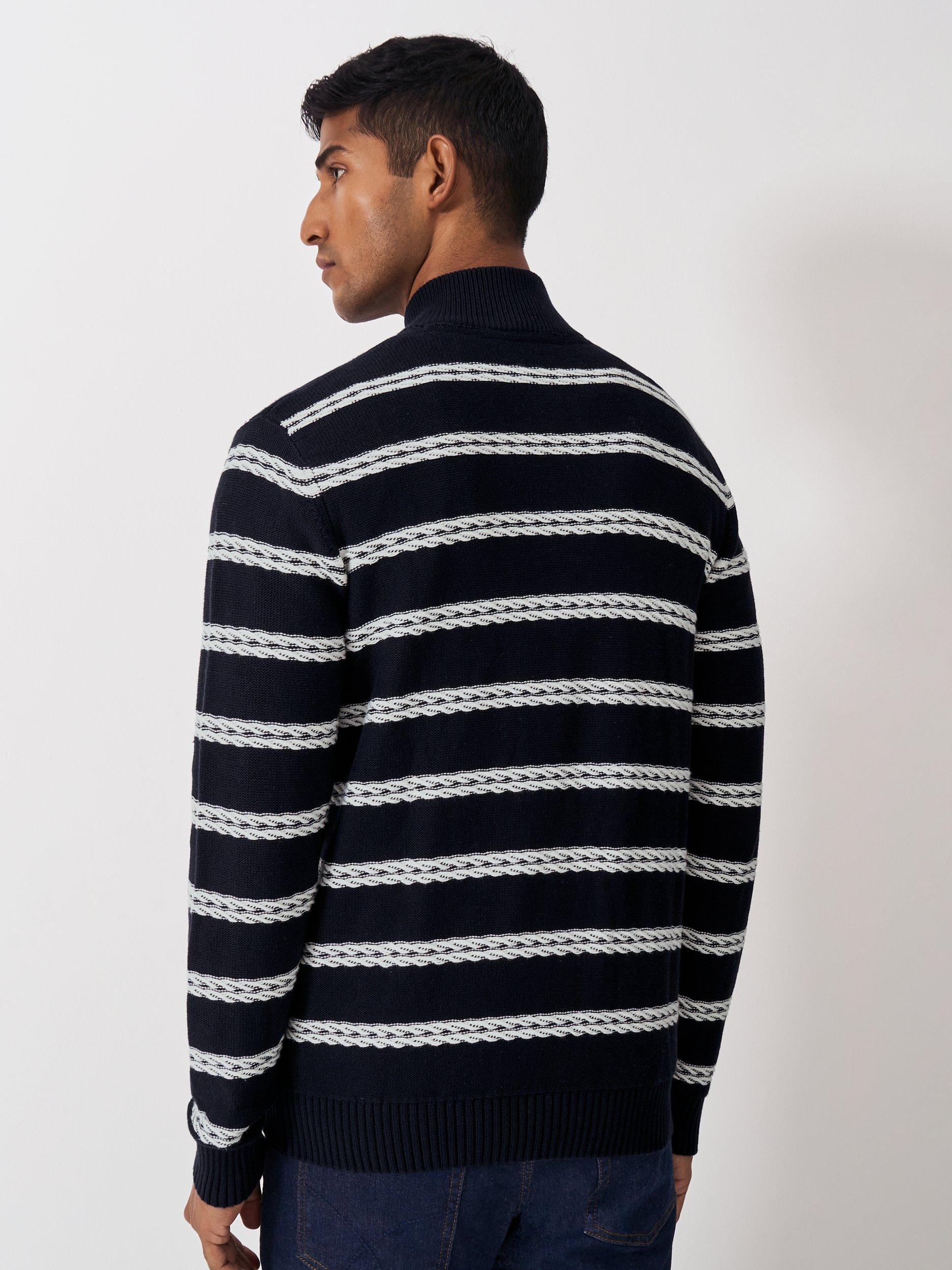 Product image 4 of 5, which shows Crew Clothing Organic Cotton Stripe Half Zip Cable Jumper, Navy Blue, L