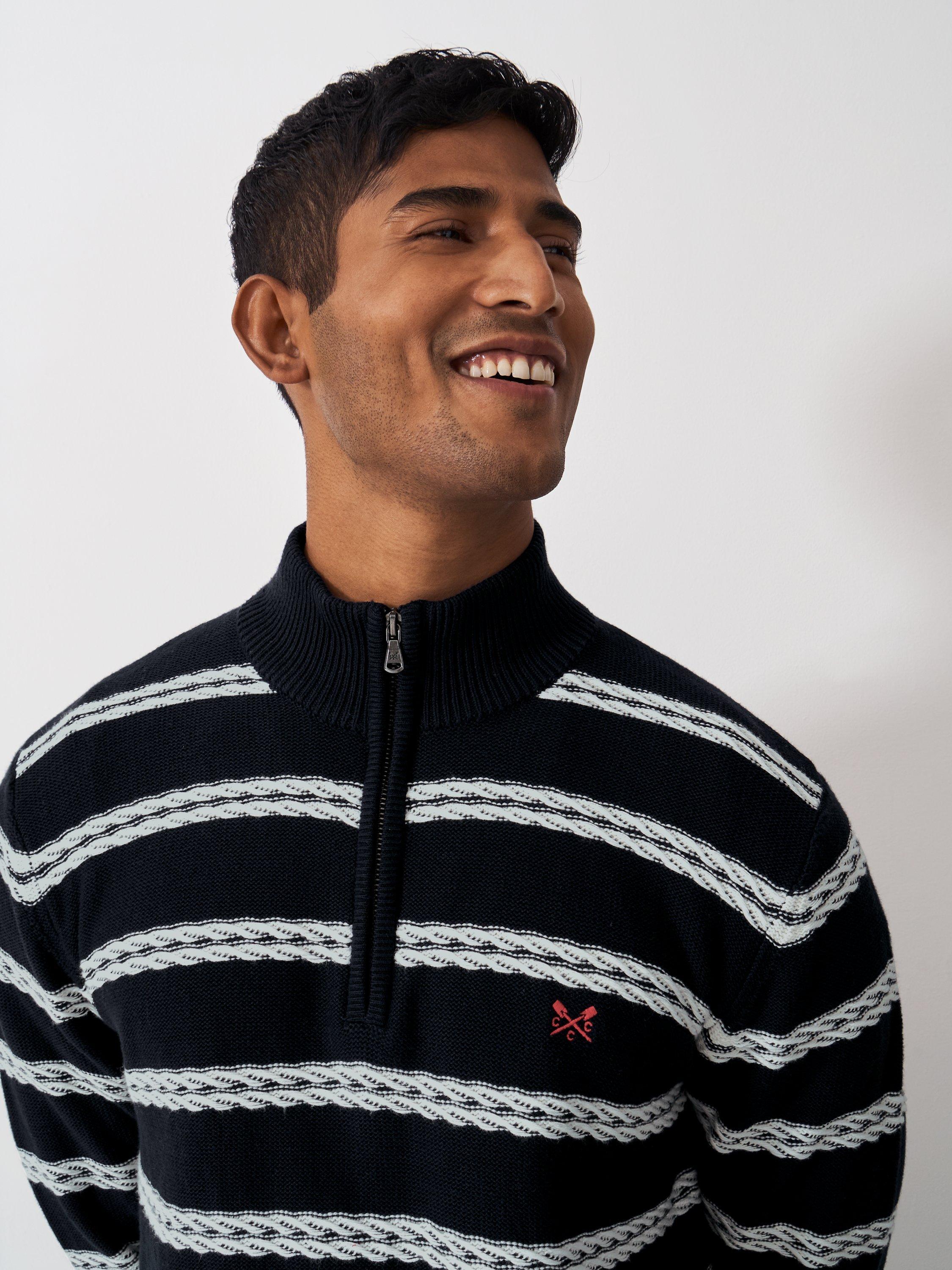 Product image 5 of 5, which shows Crew Clothing Organic Cotton Stripe Half Zip Cable Jumper, Navy Blue, L