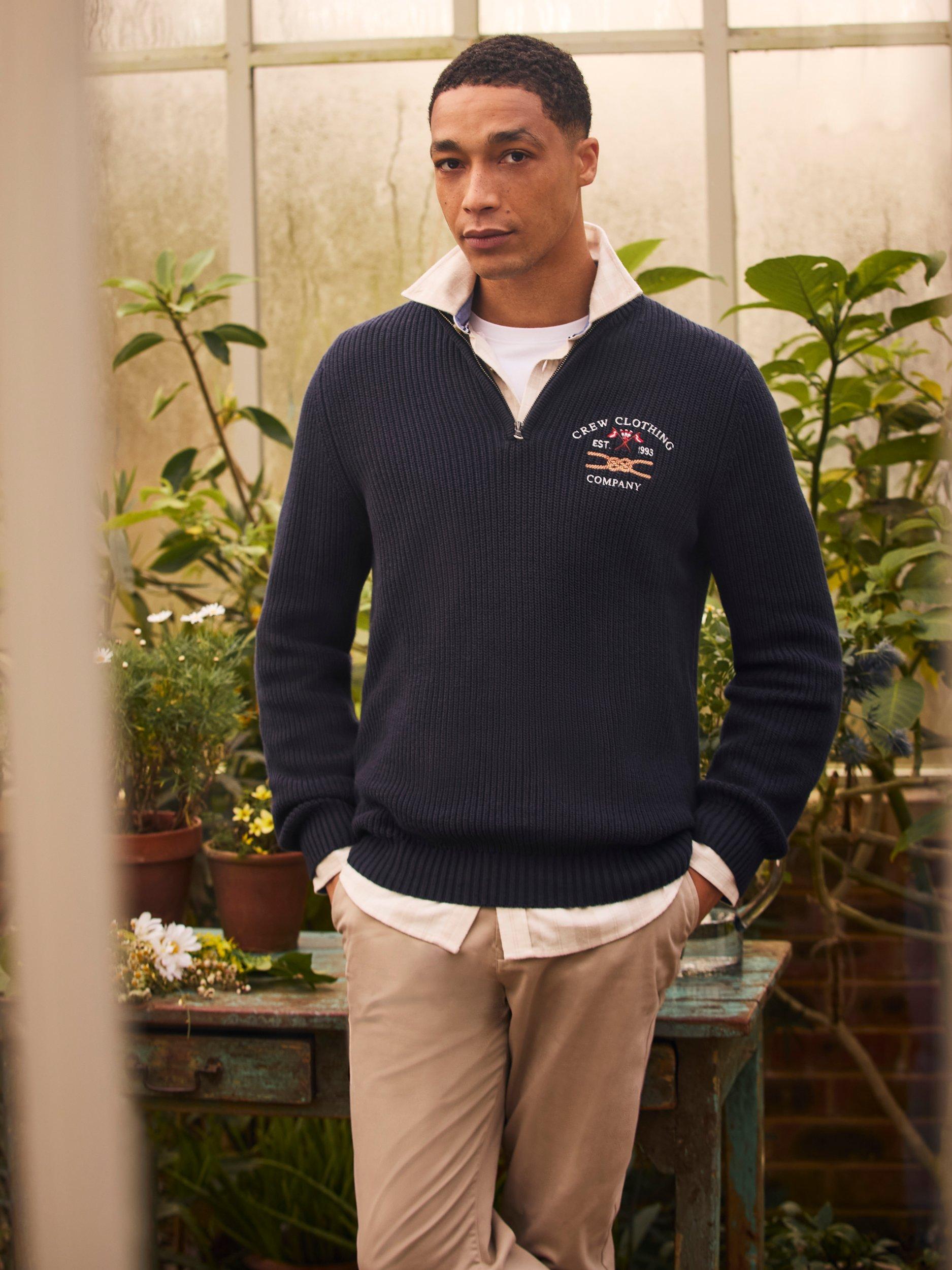 Crew Clothing Embroidered Crest Half Zip Jumper, Navy Blue