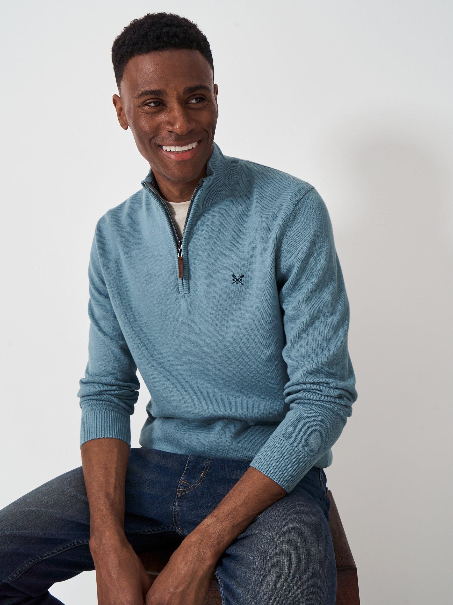 Product image 1 of 5, which shows Crew Clothing Organic Half Zip Jumper, Blue, L