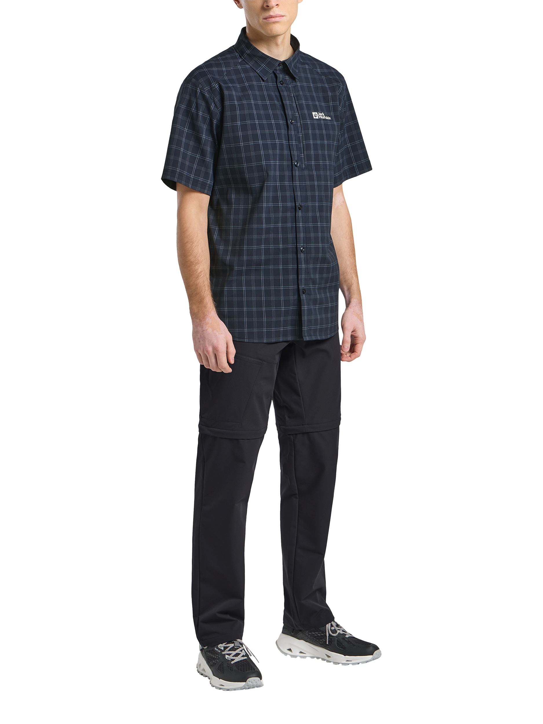 Product image 2 of 6, which shows Jack Wolfskin Men's Norbo Short Sleeve Check Shirt, Blue Checks, S