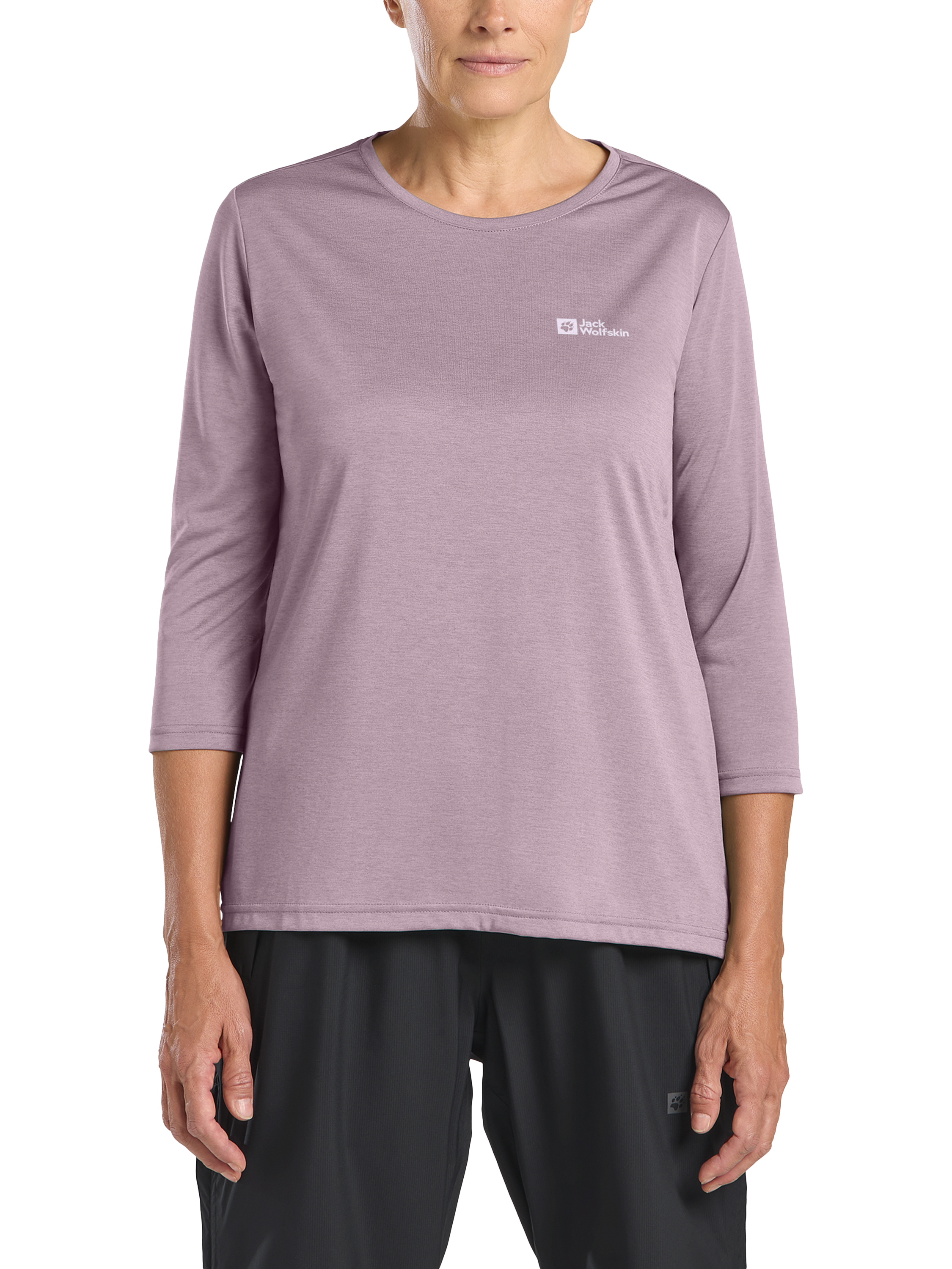 Product image 1 of 5, which shows Jack Wolfskin Women's Crossrail Three-Quarter Sleeve T-Shirt, Wild Blossom, M