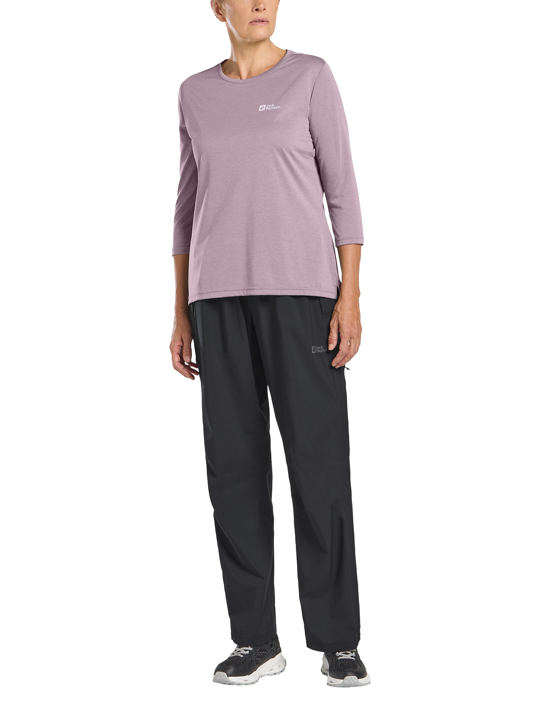 Product image 2 of 5, which shows Jack Wolfskin Women's Crossrail Three-Quarter Sleeve T-Shirt, Wild Blossom, M