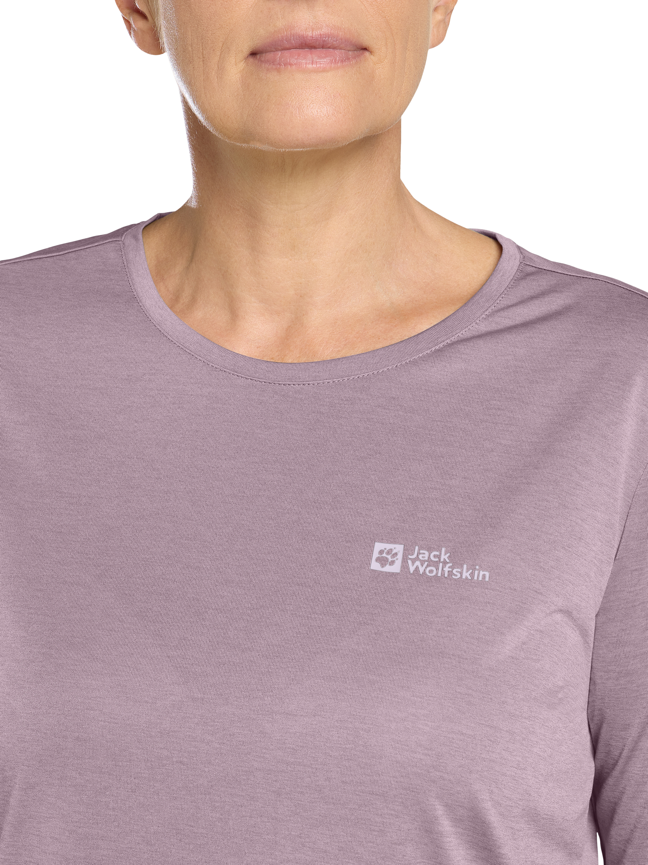 Product image 3 of 5, which shows Jack Wolfskin Women's Crossrail Three-Quarter Sleeve T-Shirt, Wild Blossom, M