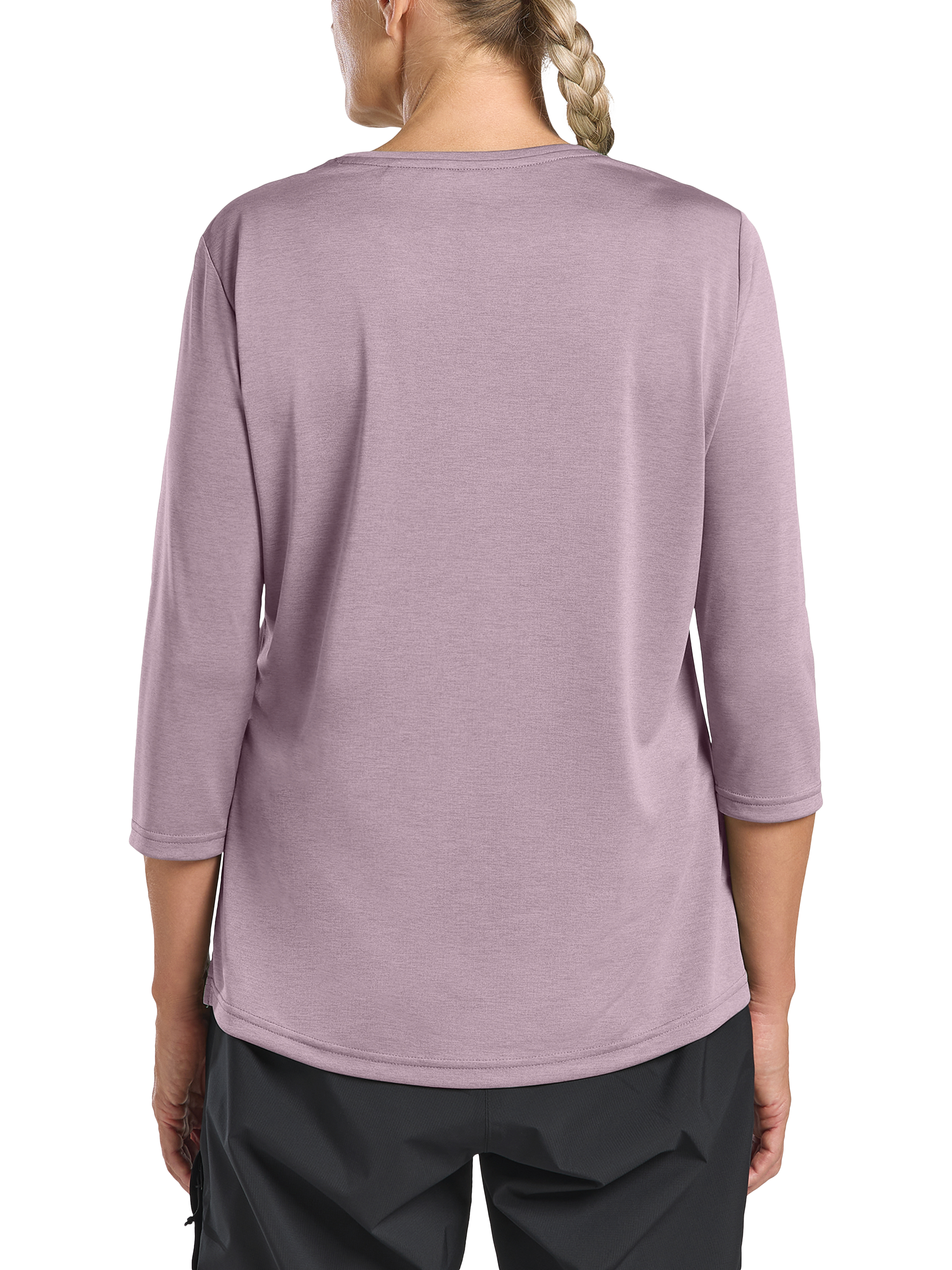 Product image 4 of 5, which shows Jack Wolfskin Women's Crossrail Three-Quarter Sleeve T-Shirt, Wild Blossom, M