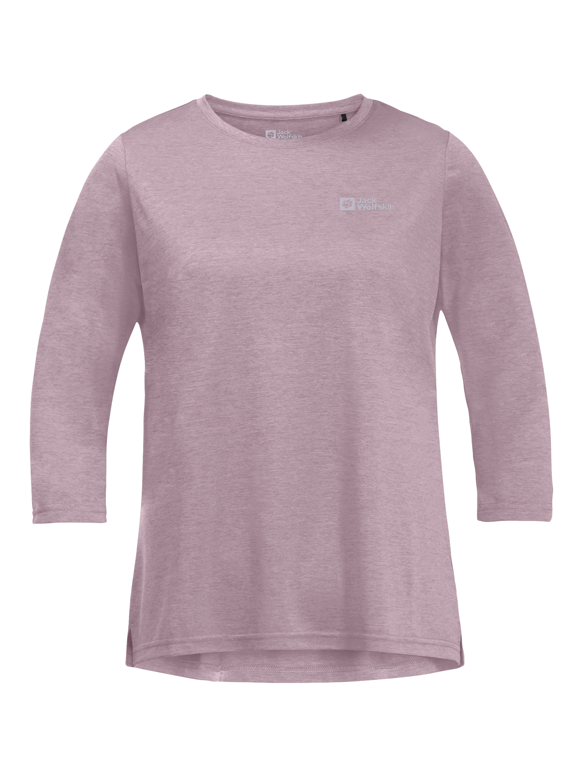 Product image 5 of 5, which shows Jack Wolfskin Women's Crossrail Three-Quarter Sleeve T-Shirt, Wild Blossom, M