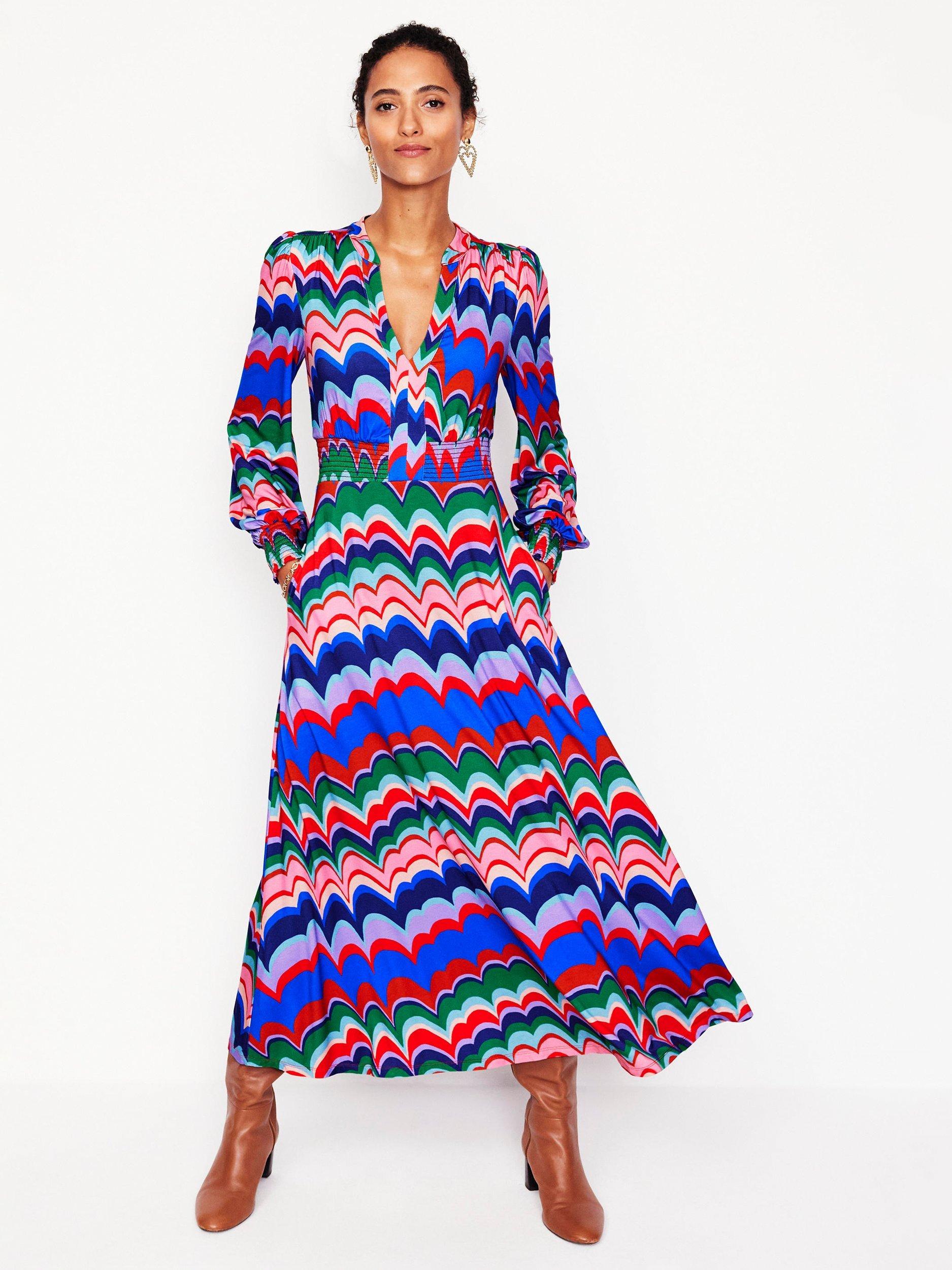 Boden Ivy Wavy Stripe Smocked Midi Dress, Multi